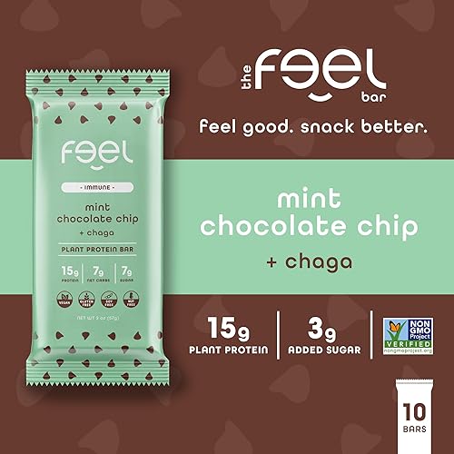 Miniatura 2 de Barras de proteína vegana Feel  Menta y chispas de chocolate  Keto  Sin gluten  Orgánico  Hongo Chaga  15g de proteína vegetal  Bajo en