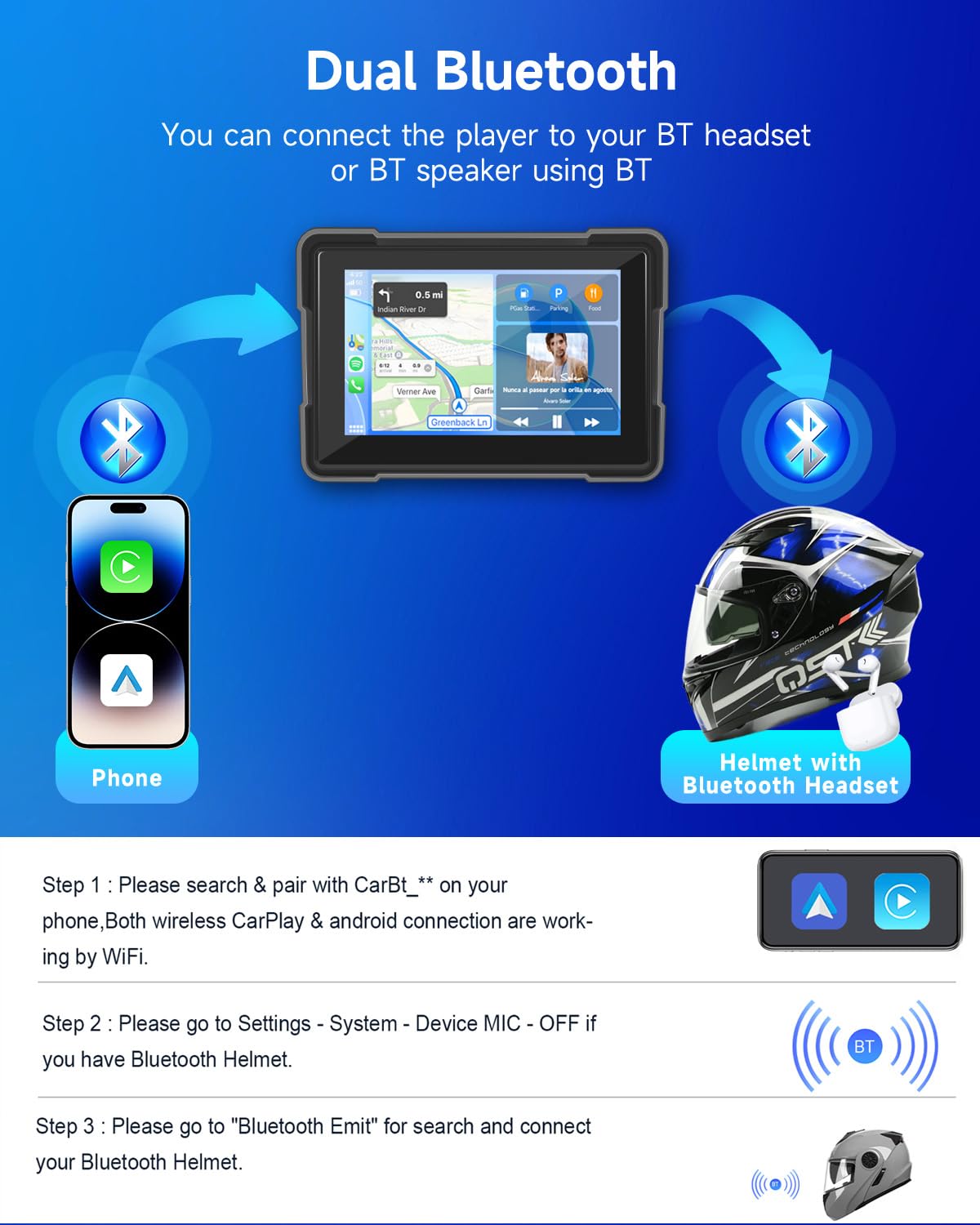 Rimoody Wireless Carplay Motorbike Navi Android Auto, 7 Pollici Touchscreen Autoradio Portatile per Moto, Wireless Carplay Display con Airplay/Android Cast/Dual Bluetooth/Navigazione/IP67 Impermeabile
