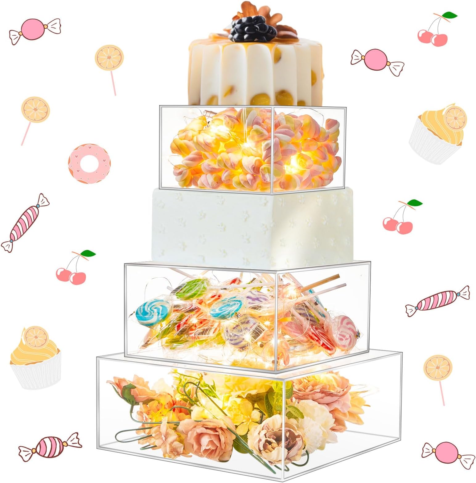 Clear Square Acrylic Fillable Cake Stand With Lid,Cupcake Tier Riser Display Box, Decorating