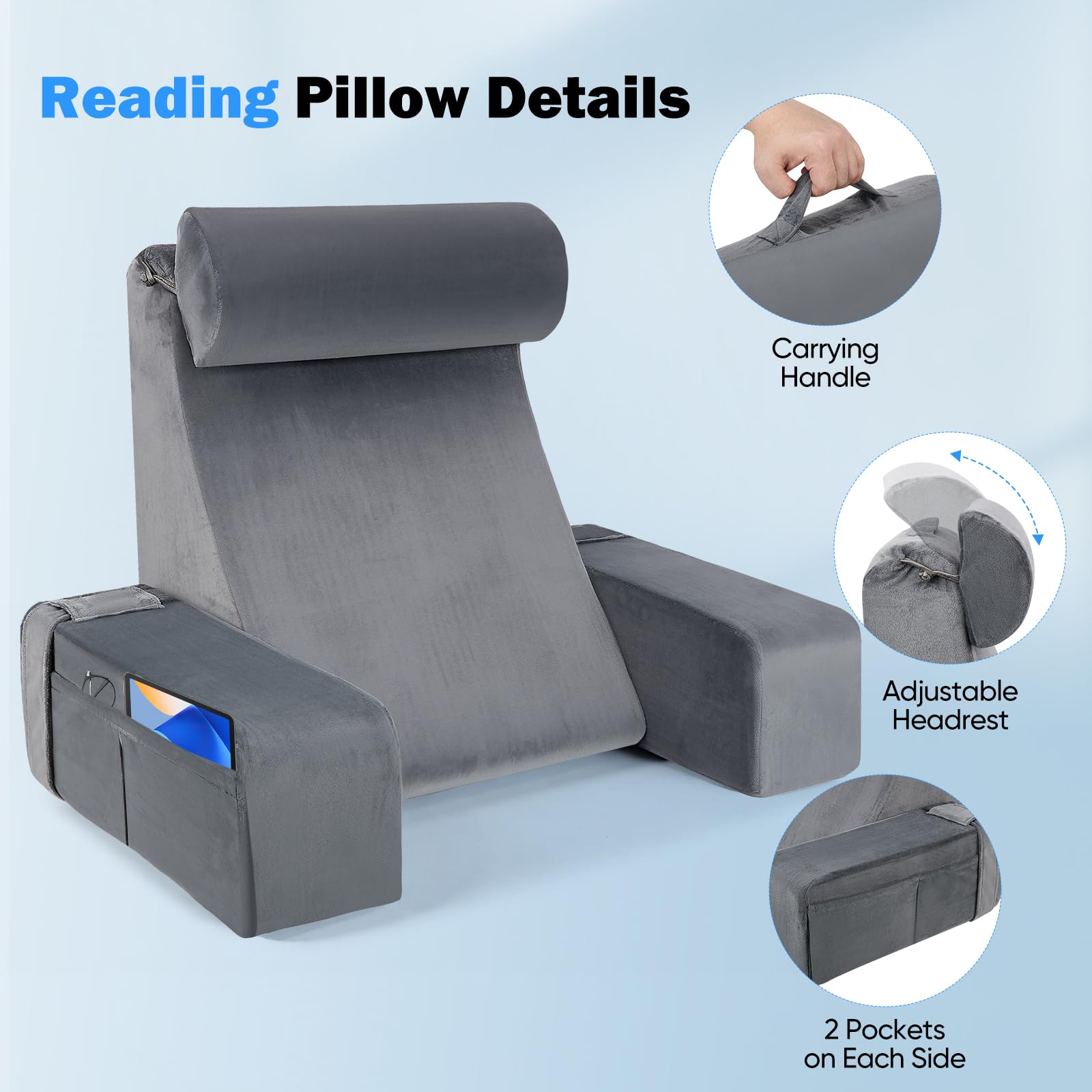 Cuscino da lettura ergonomico con poggiatesta e braccioli rimovibili, supporto per la schiena per letto, divano, pavimento, regolabile per lettura, lavoro e relax