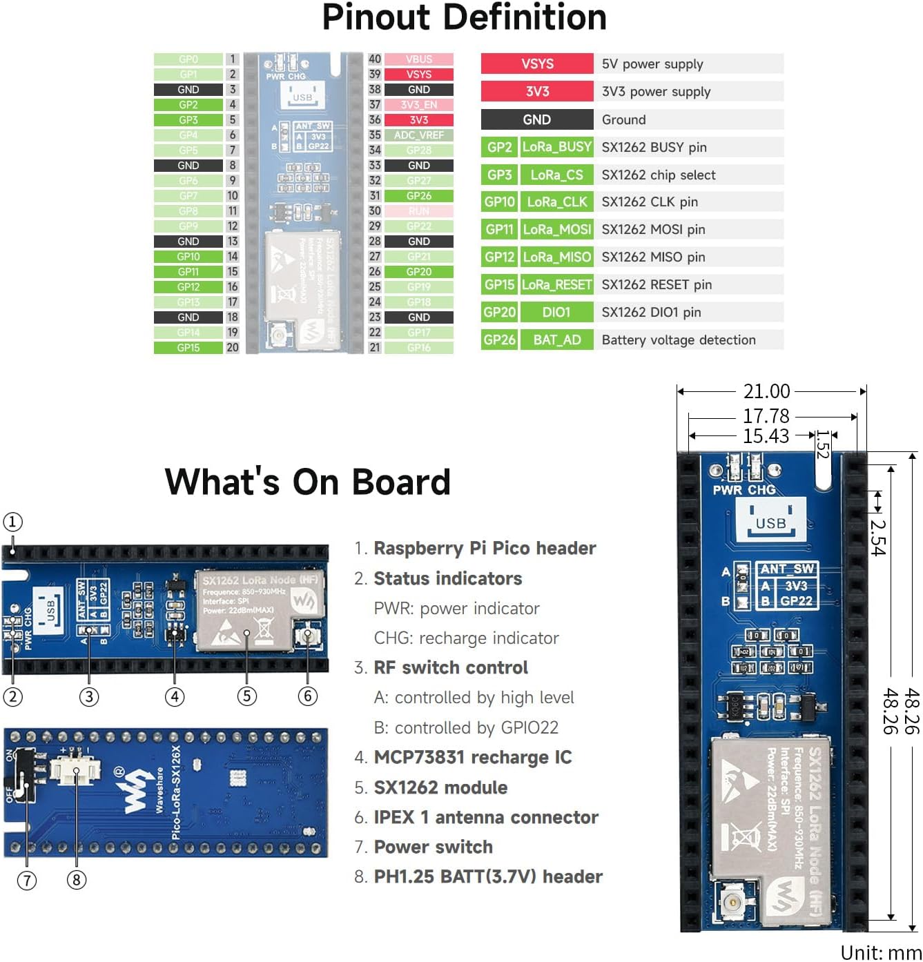 Waveshare Pico SX1262 LoRa Node Module, Compatible with Raspberry Pi Pico, LoRaWAN Protocol Support, Long Range, Low Power, High Sensitivity Wireless Communication for IoT Projects