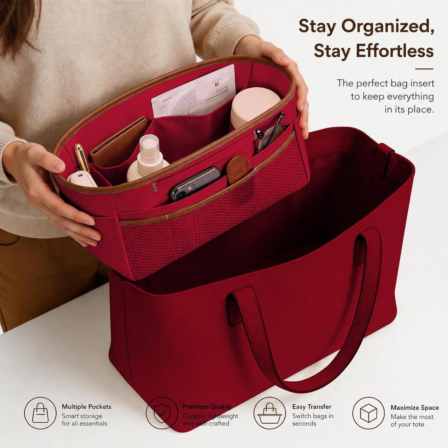 GIVLEFLY Purse Organizer Insert for Tote Bag, 9.84 Inch Satin Bag Organizer, Multi Pocket Handbag Organizer for Everyday Totes image 5