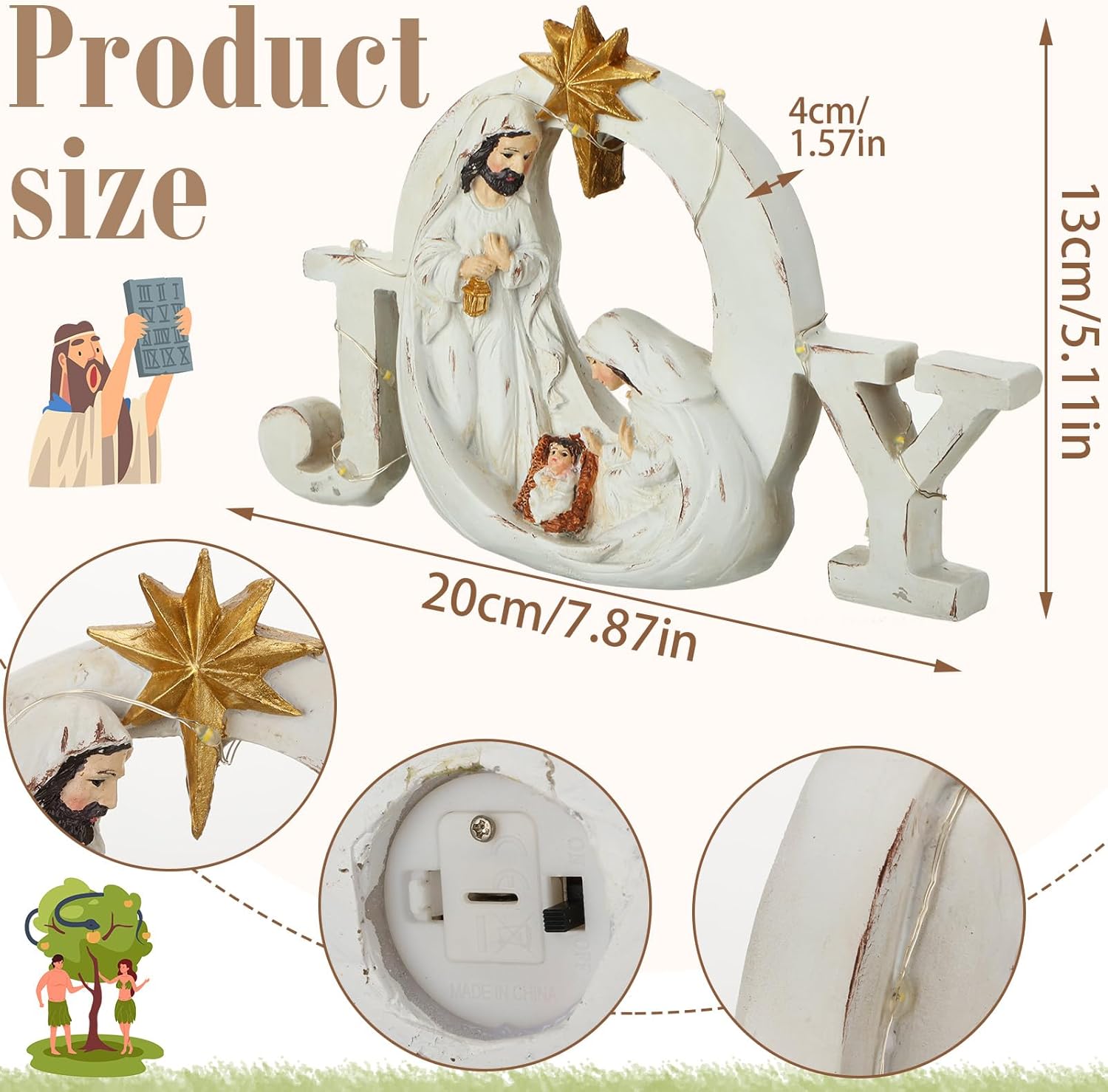 Soaoo Christmas Nativity Scene with LED String Lights Nativity Figure Set Holy Family Manger Christmas Decoration Light up Decor for Indoor Tabletop Mantle Fireplace(Joy)