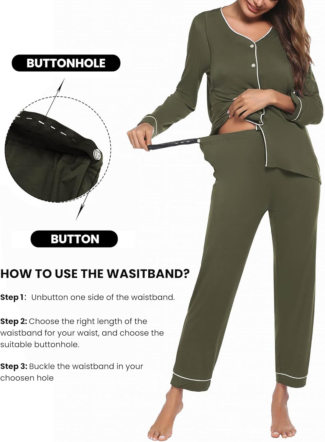 Ekouaer Maternity Pajama Set Button Down Nursing Pajamas Long Sleeve Breastfeeding Loungewear with Adjustable Pants - Image 4