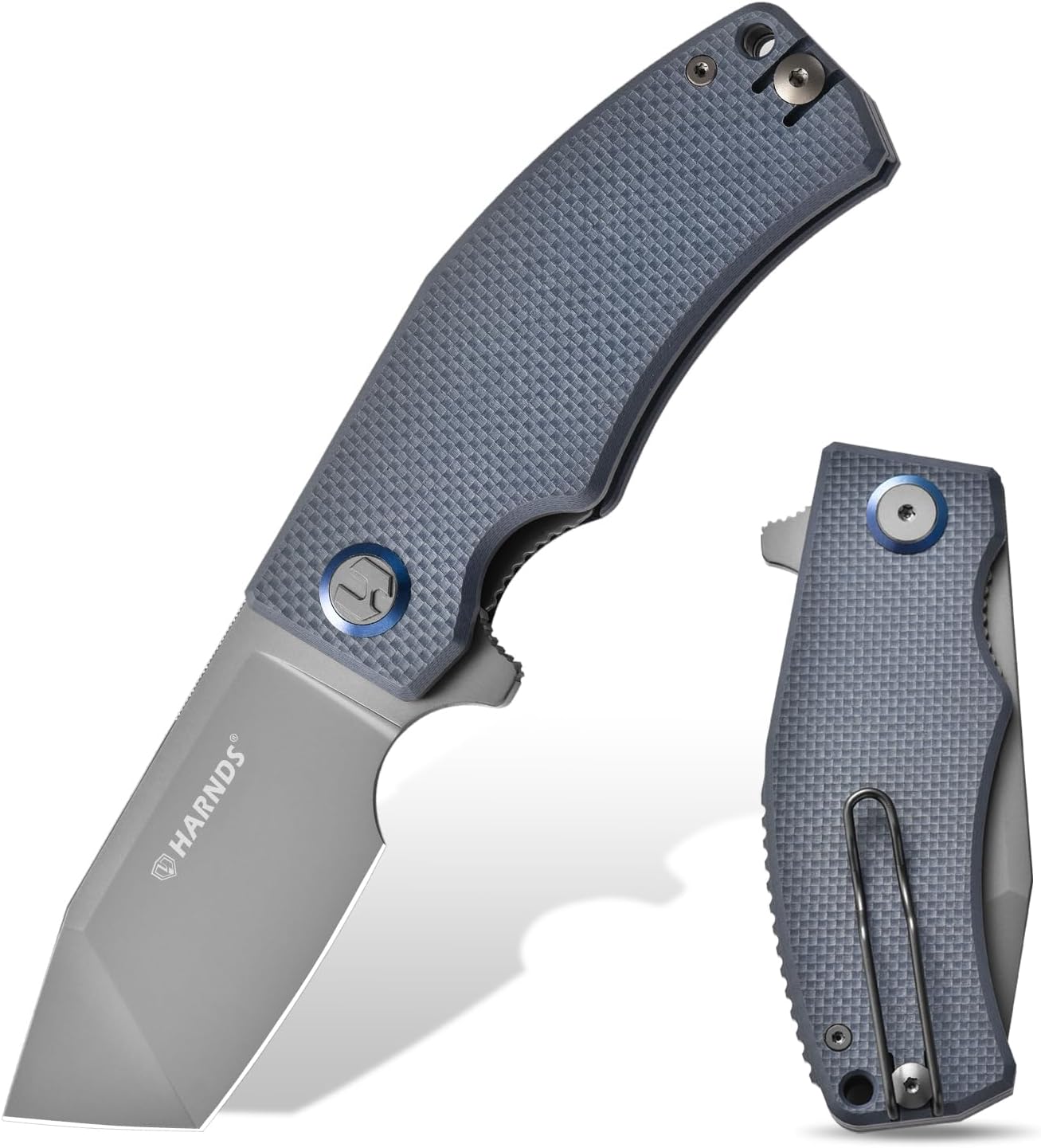 Harnds Pocket Knife D2 Steel Blade Folding Knife Tanto Blade EDC with Pocket Clip, G10 Handle, Sharp Survival Hiking Knives Revenant (Gray-Gray Titanium)