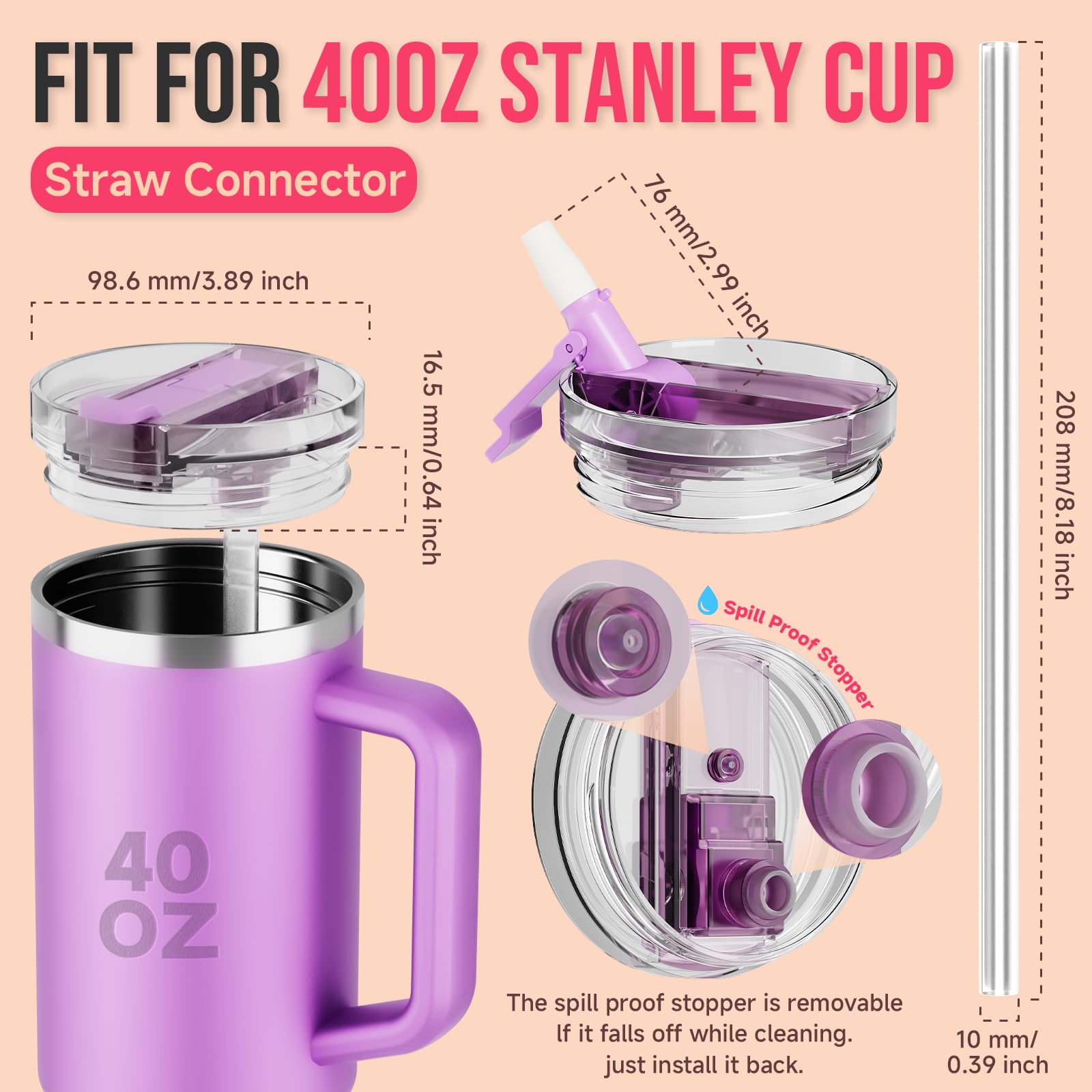 2-Pack Flip Straw Lids for Stanley 40 oz Tumbler-100% Leakproof,Dustproof,and Durable Replacement Lids,Tritan Cover for Classic Quencher Tumbler BPA-Free(Purple & Purple)