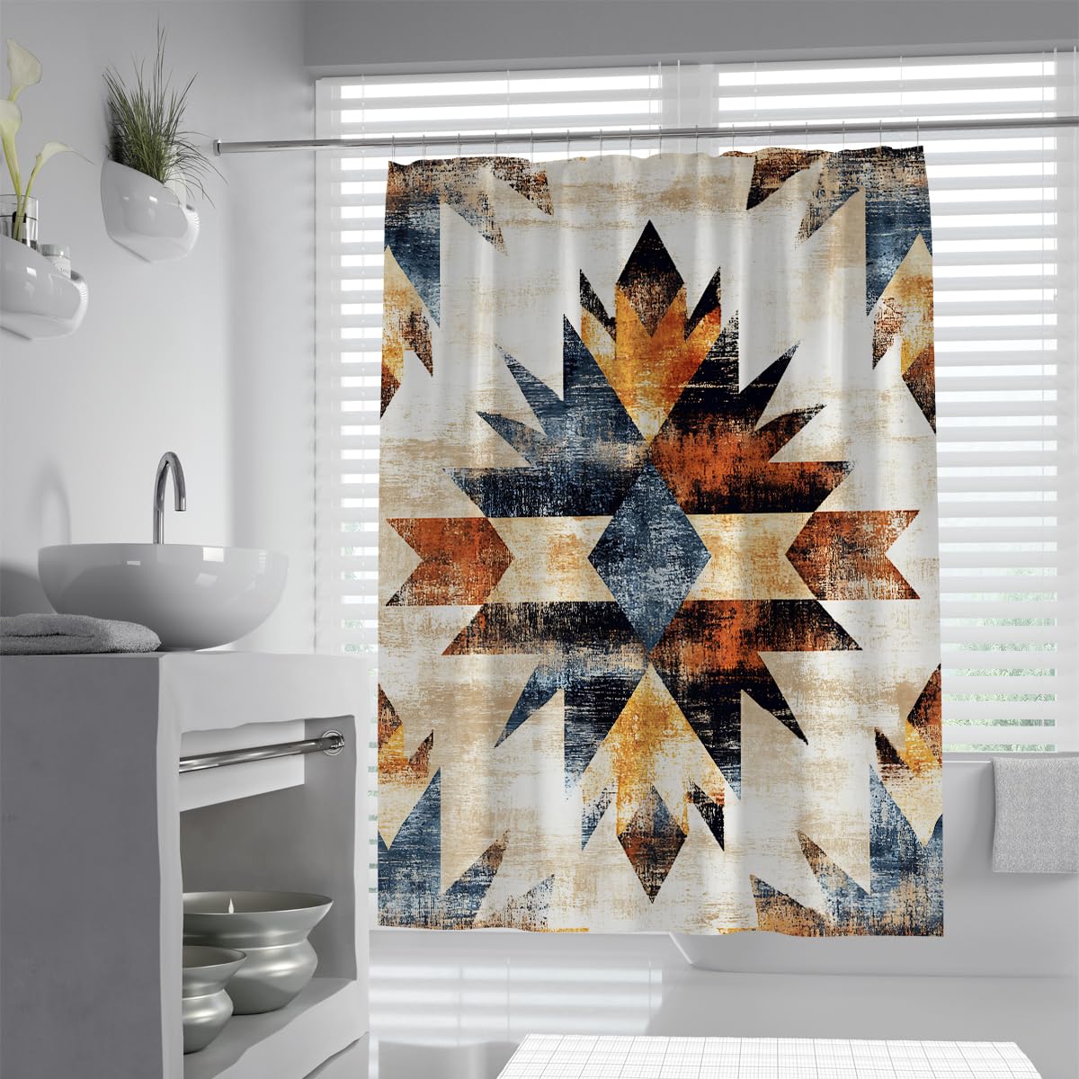 UERWOWELL Rustic Tribal Patchwork Shower Curtain Geometric Diamond Pattern Fabric Bath Curtain Southwestern Waterproof Fabric Bathroom Decoration W120xL200 cm