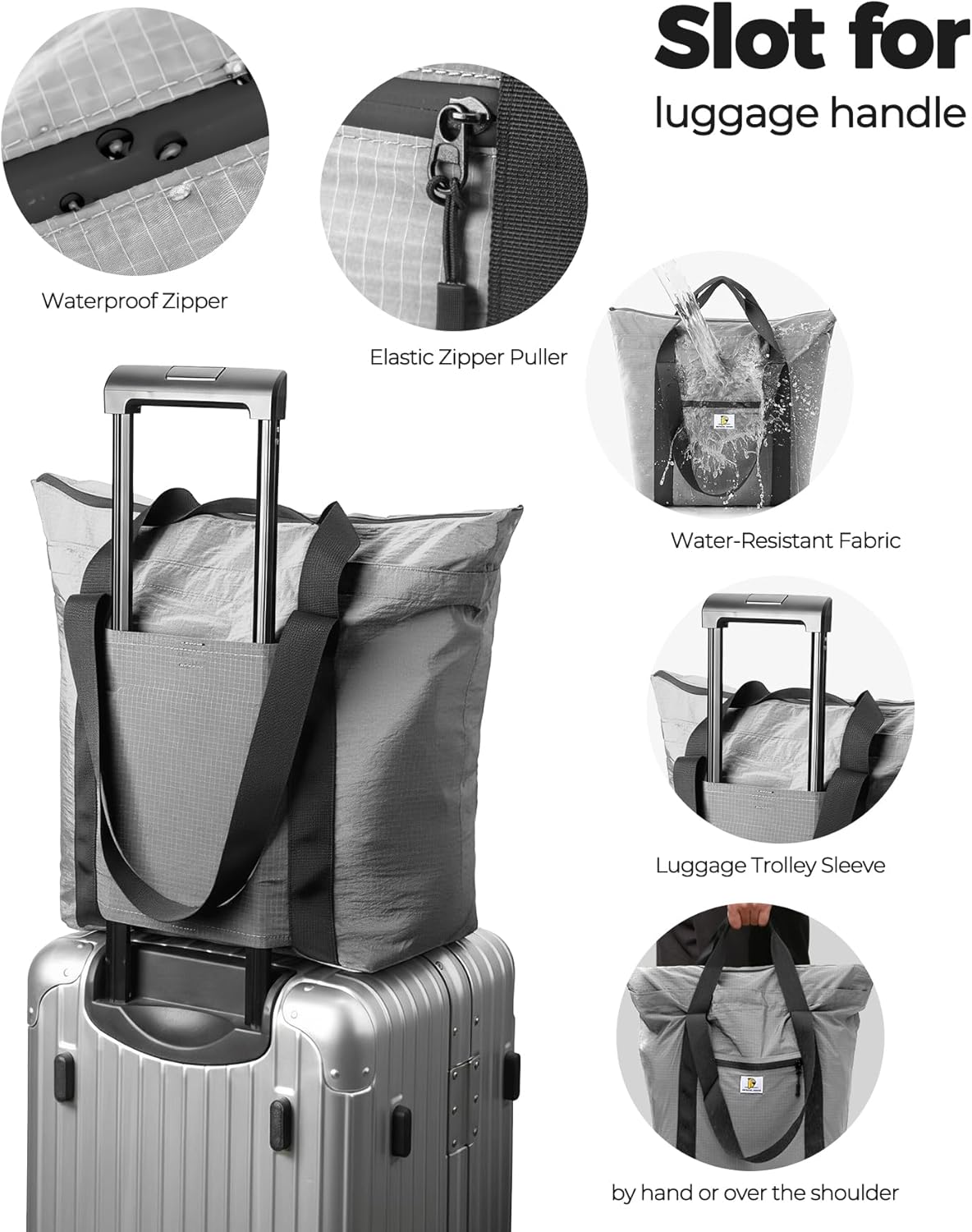 Foldable Travel Bag, 26L Lightweight Weekender Duffel, Expandable Second Carry-On Bag for Travel & Shopping, Water-Resistant Personal Item Bag, Gray