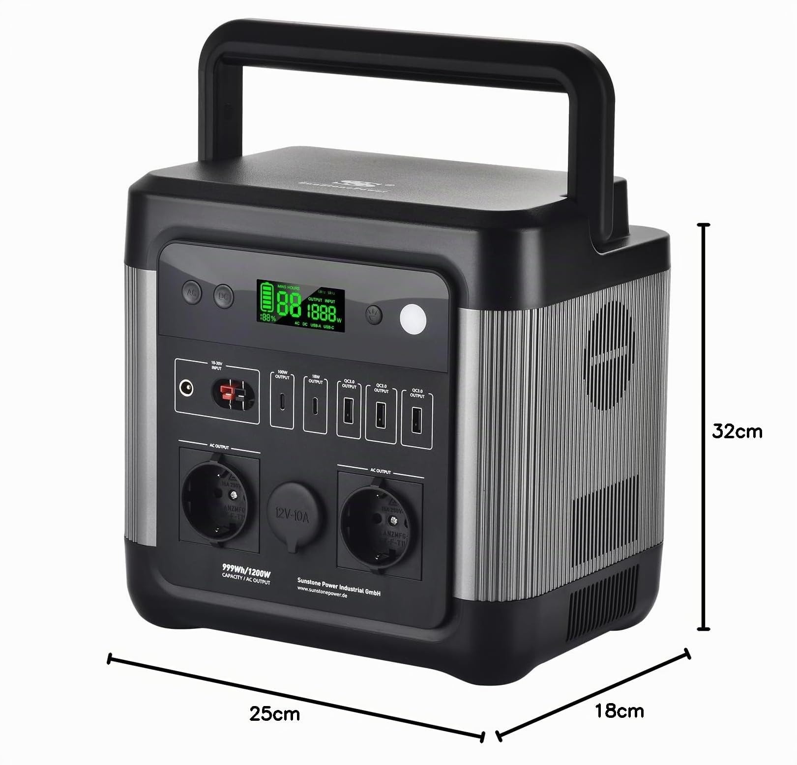 Sunstonepower 1200W Powerstation 999Wh Lithium Akku Mobiler Stromspeicher & Solar Generator mit 2 x 1200W AC-Steckdosen für Campingreisen, Garten, Balkon, Heimwerken und Notstromaggregat