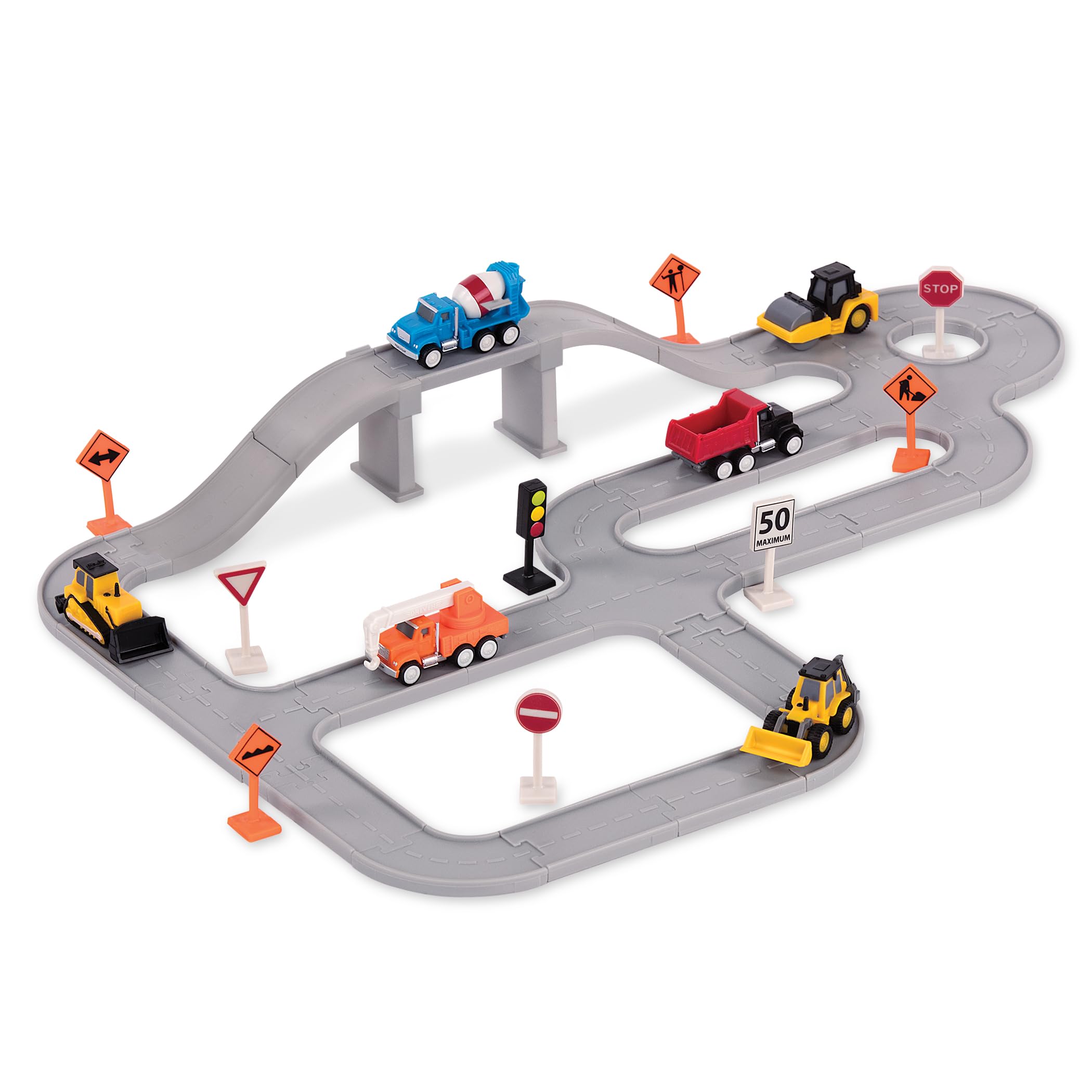 57-Pieces Construction Toy Playset with 6 Mini Cars (Crane, Dump and Cement Truck, Bulldozer, Steamroller, Front-end Loader) – Includes Tracks & Accessories – Gift for Kids