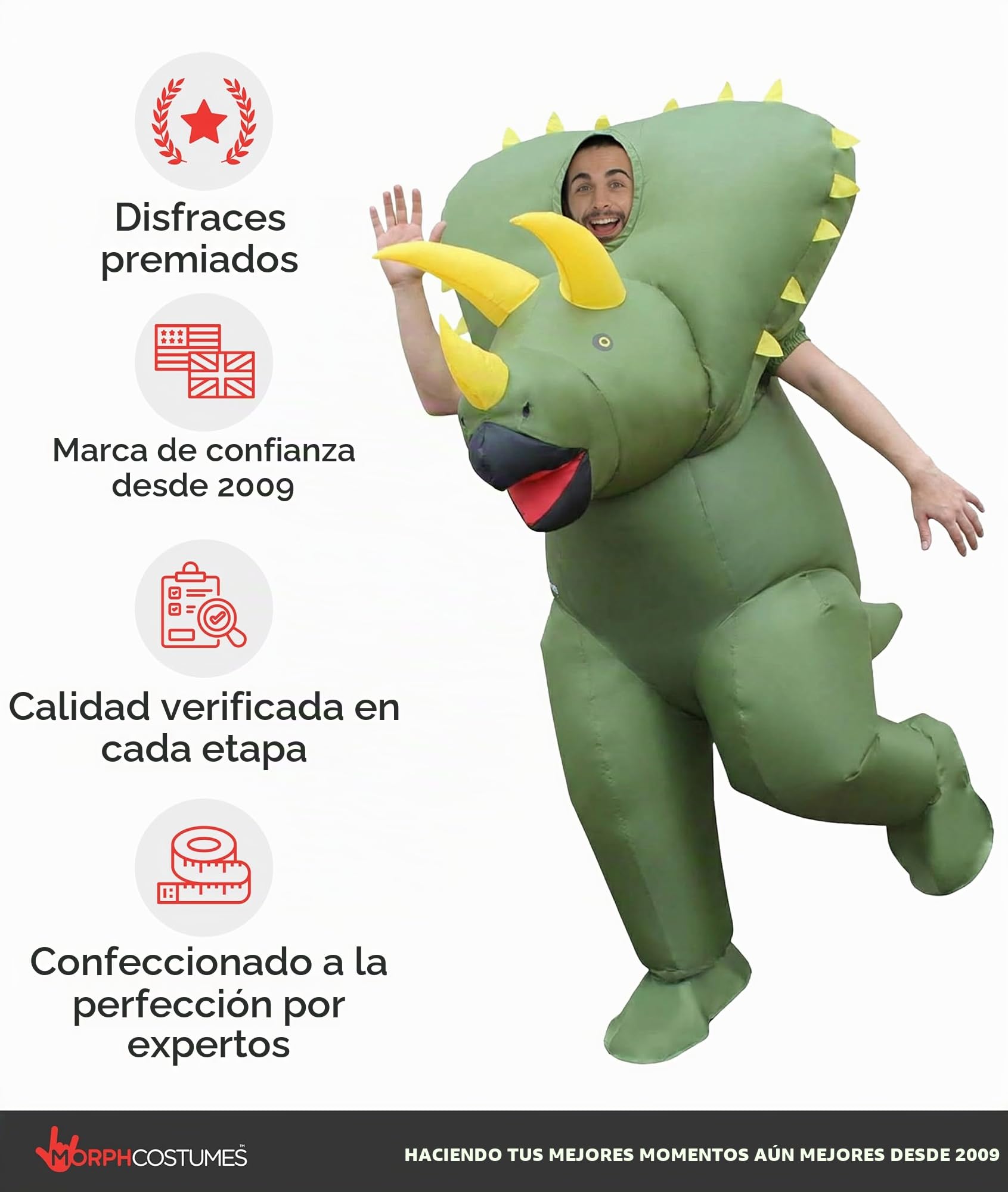 Morph Disfraz Triceratops Adulto, Disfraz Hinchable Halloween Adulto | Mono Verde con Ventilador, Diseño de Triceratops, Se Infla en Segundos, Perfecto para Halloween, Siempre un Éxito