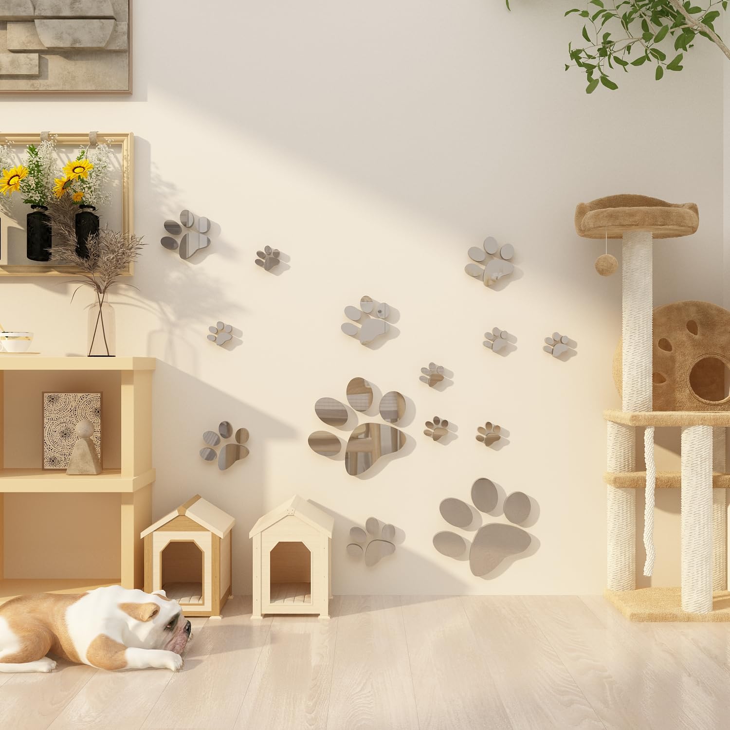 Dog Wall Decor Paw Print Decals Pet Cat Footprint Stickers 14 Pics Wall Art Accents Large for Kids Room Toddler Girls Bedroom Bathroom Nursery Decoration Pet Lover Gift(Silver Acrylic Mirror)