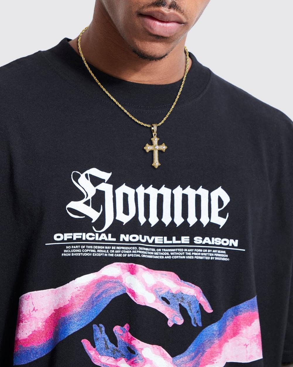LuxeFlex Gothic Iced Out Diamond Jesus Cross Necklace with 20" Stainless Steel Rope Chain, 14K Gold Plated Pendant Religious Faith Cross Jewelry Gifts, Underground Hip-Hop Jewelry for Men Women