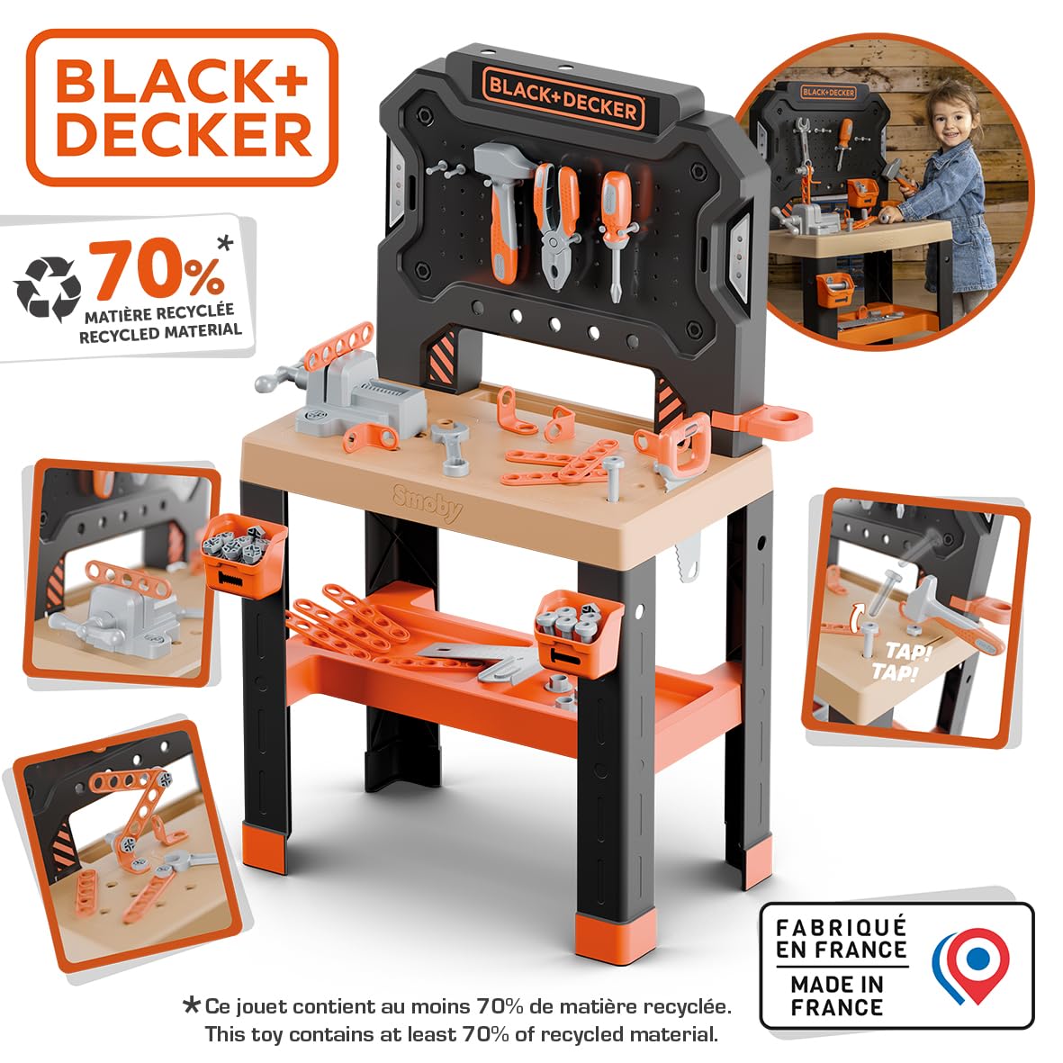Smoby - Black+Decker - Stół warsztatowy Bricolo - Imitacja zabawki - 78 akcesoriów - 7 narzędzi - Strefy przechowywania - Materiał z recyklingu - Od 3 lat - Wyprodukowano we Francji