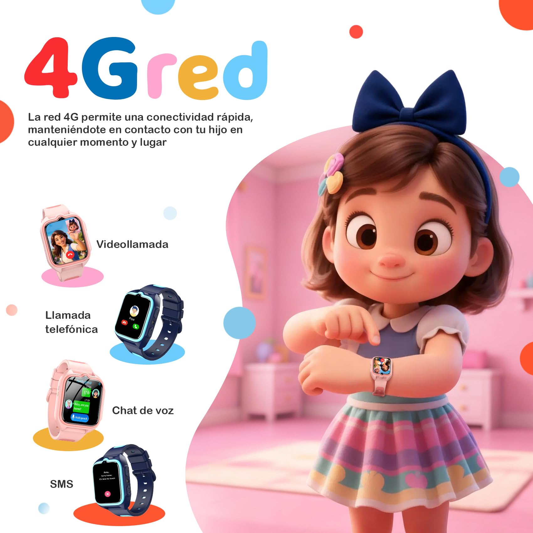 Reloj Inteligente Niño 4G Smartwatch Niños con GPS, Videollamadas, SOS, Linterna LED, Cámara, Podómetro, IP68, Modo Escuela, Despertador, Mensajes, Rosa para Niñas y Niños