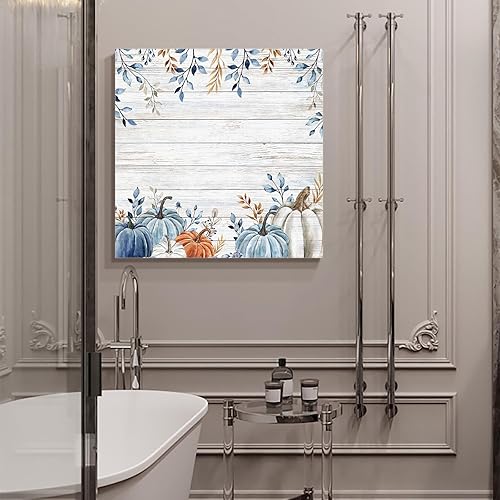 Miniatura 5 de Lienzo decorativo para pared con diseño de calabaza otoñal, diseño de calabazas de color azul, blanco y naranja degradado, grano de madera rústica,