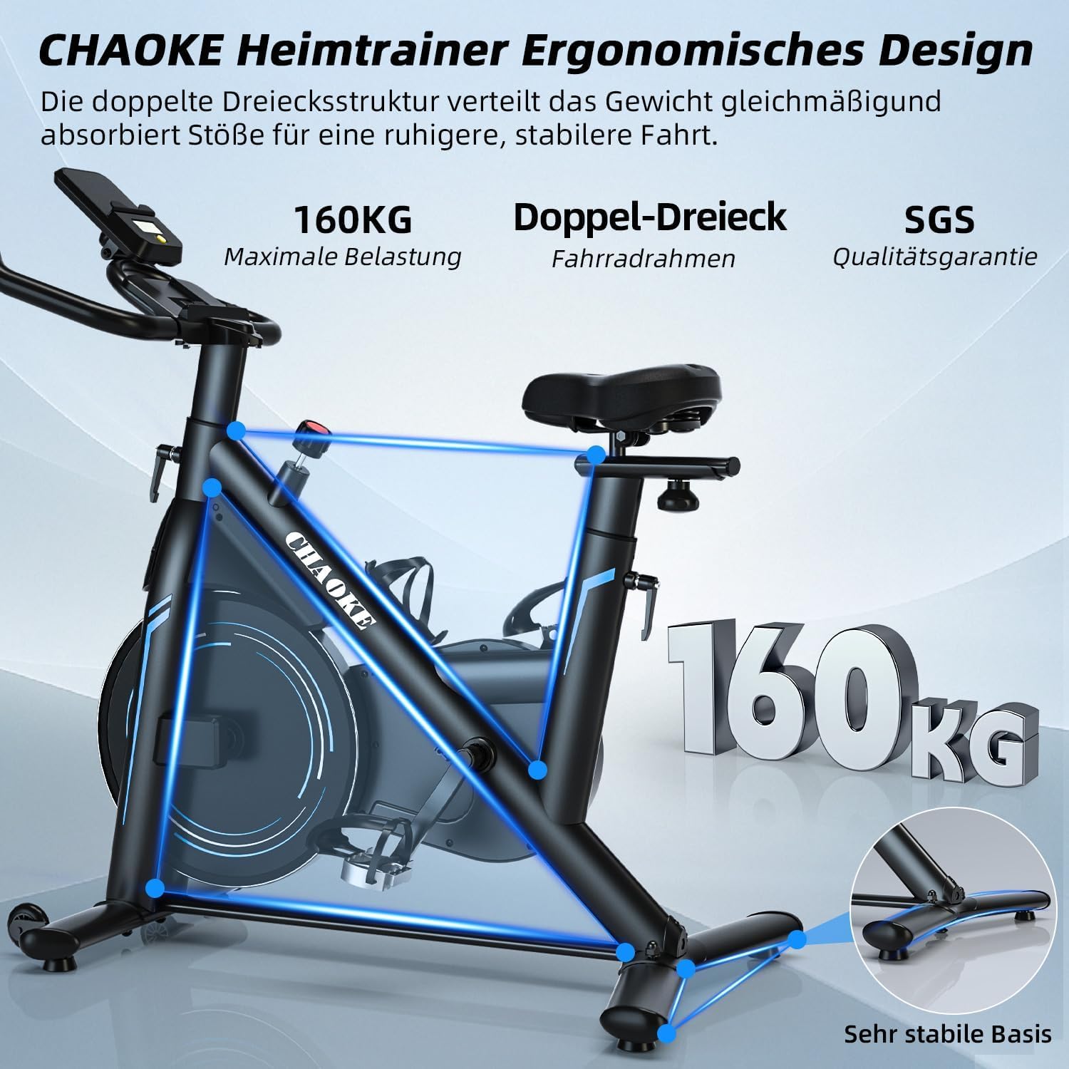 Heimtrainer Fahrrad mit App, CHAOKE Profi Ultra-Leiser Indoor-Hometrainer mit Magnetwiderstand, Ergometer Heimtrainer mit V-Stabil-Basis, Superweichem und Atmungsaktivem Sitz, Bis 160KG