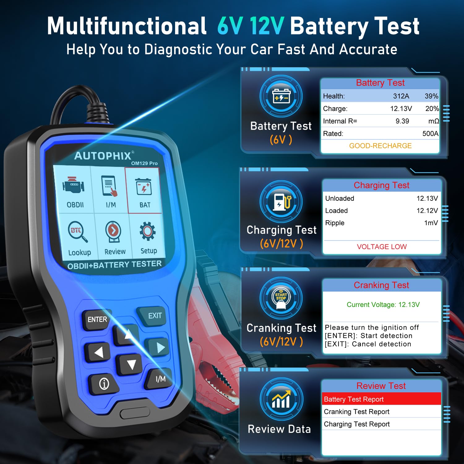 AUTOPHIX OM129 OBD2 Scanner Car Code Reader & Battery Tester