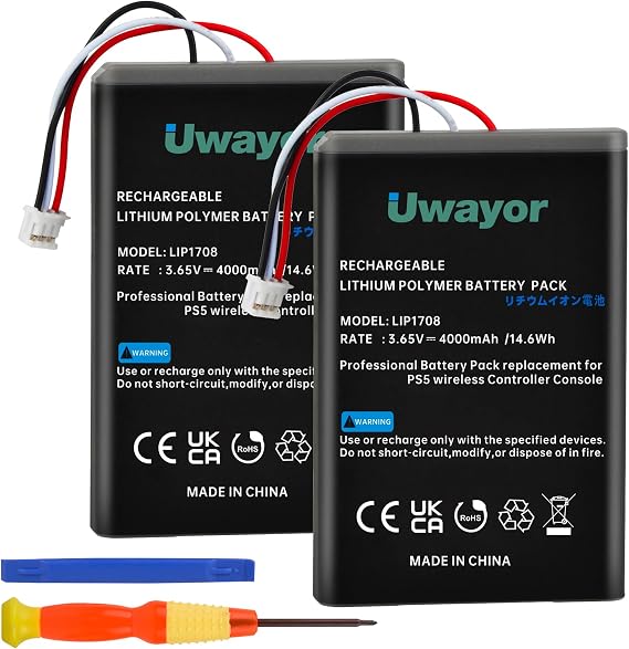 PS5 Controller Battery, 4000mAh LIP1708 PS5 Battery Replacement 2 Pack for Sony PS5 PlayStation 5 DualSense CFI-ZCT1W Wireless Controller with Tool Set (Not Fit DualSense Edge)
