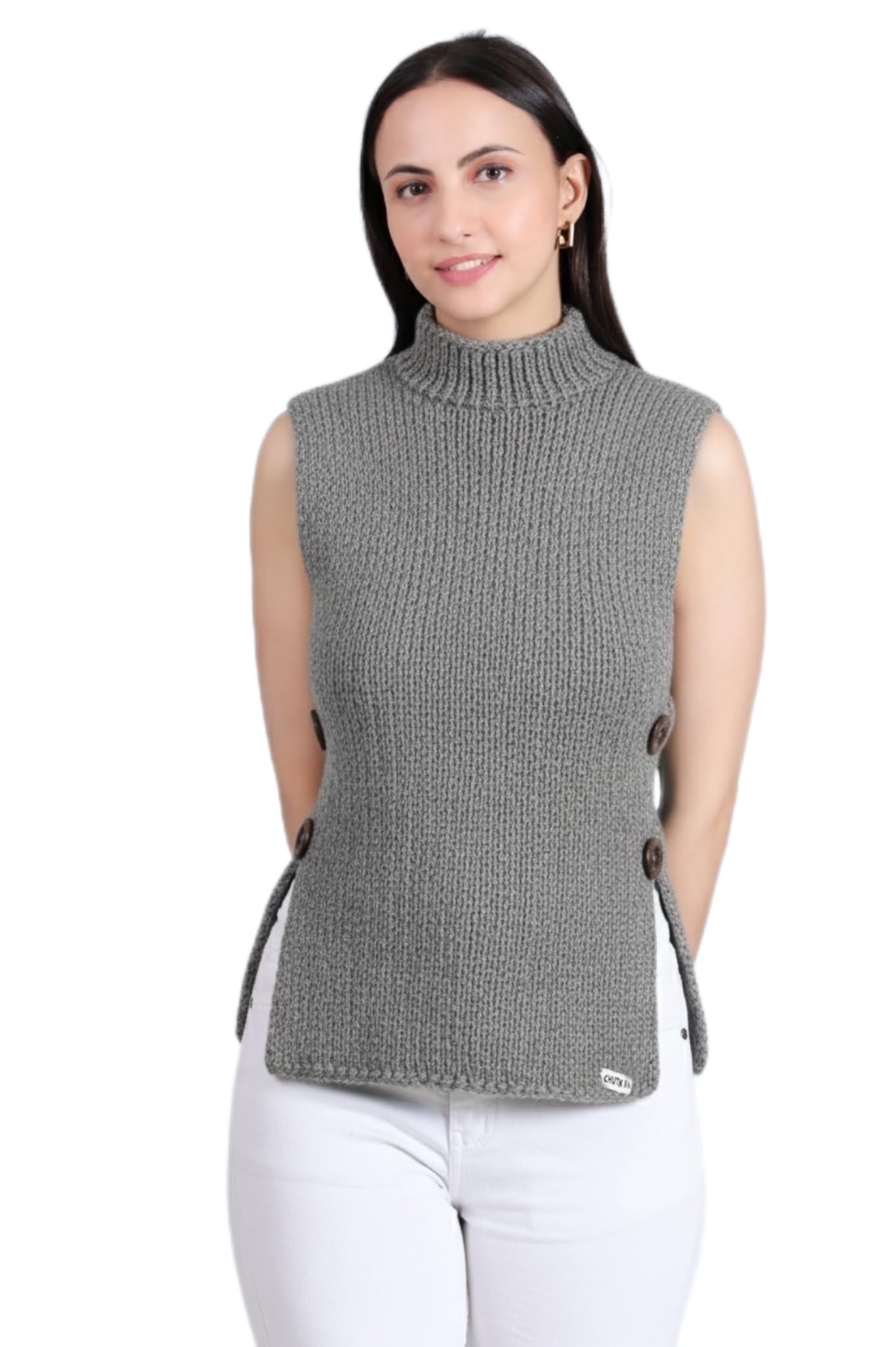 Hand-Knit Side-Button Sweater, Premium Hypoallergenic Wool, Turquoise, Machine Washable Stretchable Wool | Breathable Design |-image-5