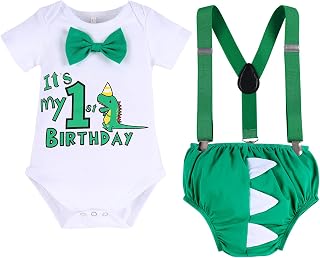 Baby Boy Dinosaur Cake Smash Outfit First Birthday Bow Tie Romper Shorts Y-back Suspenders 3pcs Set Photo Props