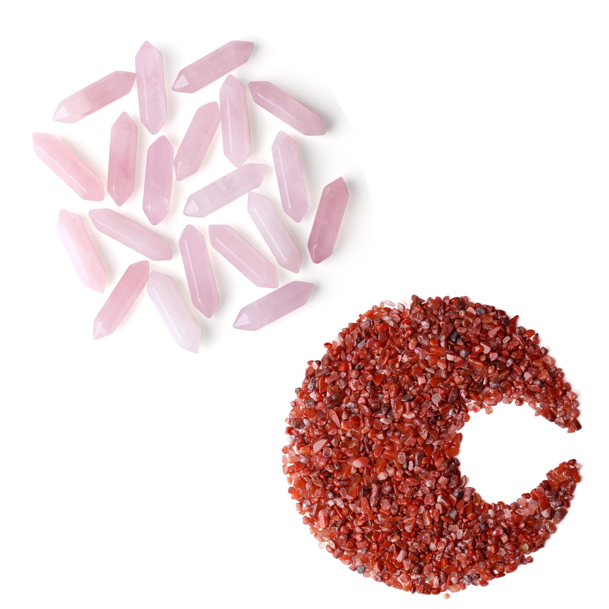 10 Pcs Rose Quartz Crystals Points Bulk Wands and 0.22 Lb Carnelian Crystal Vase Filler Crystal Chip Stone for Decoration Succulent Plants Vase Fish Tank