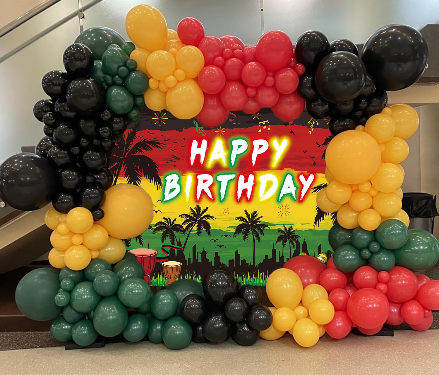 Reggae Happy Birthday Sfondo 3,5 x 2,4 m rastafari giamaicano palma reggae decorazioni per feste di sfondo musica estiva a tema decorazioni per feste di compleanno forniture puntelli fotografici