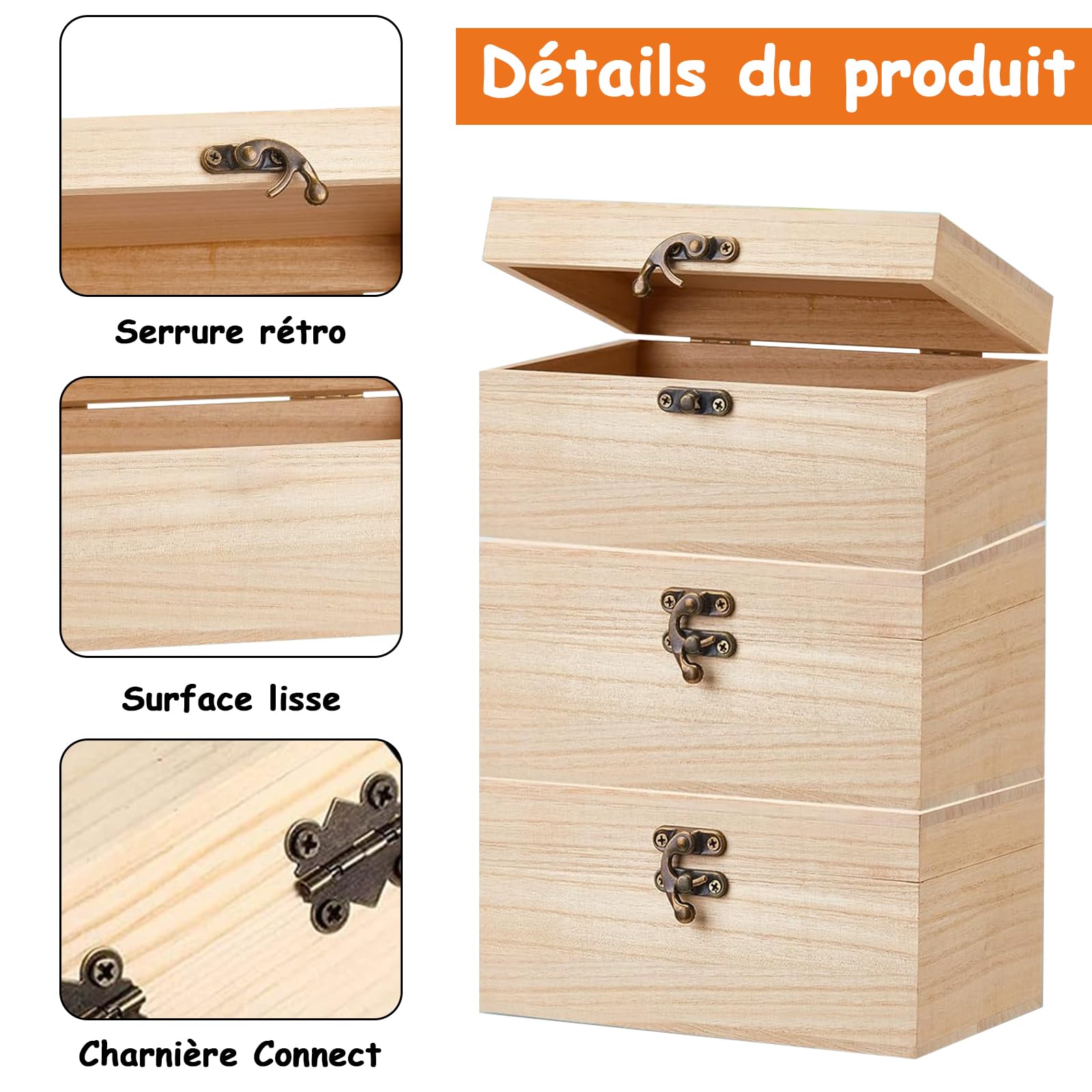 Lot de 8 Boîtes au Trésor en Bois Brut 17 x 13 x 8 cm avec Fermoir