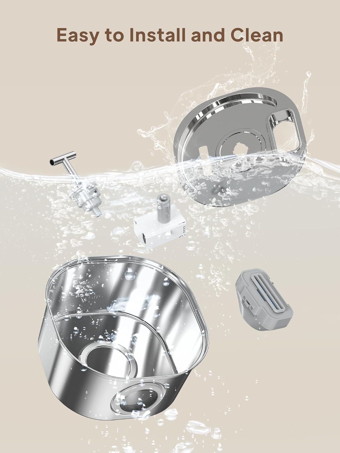 Disassembled Voluas Cat Water Fountain components being cleaned under running water, illustrating its easy-to-clean design.