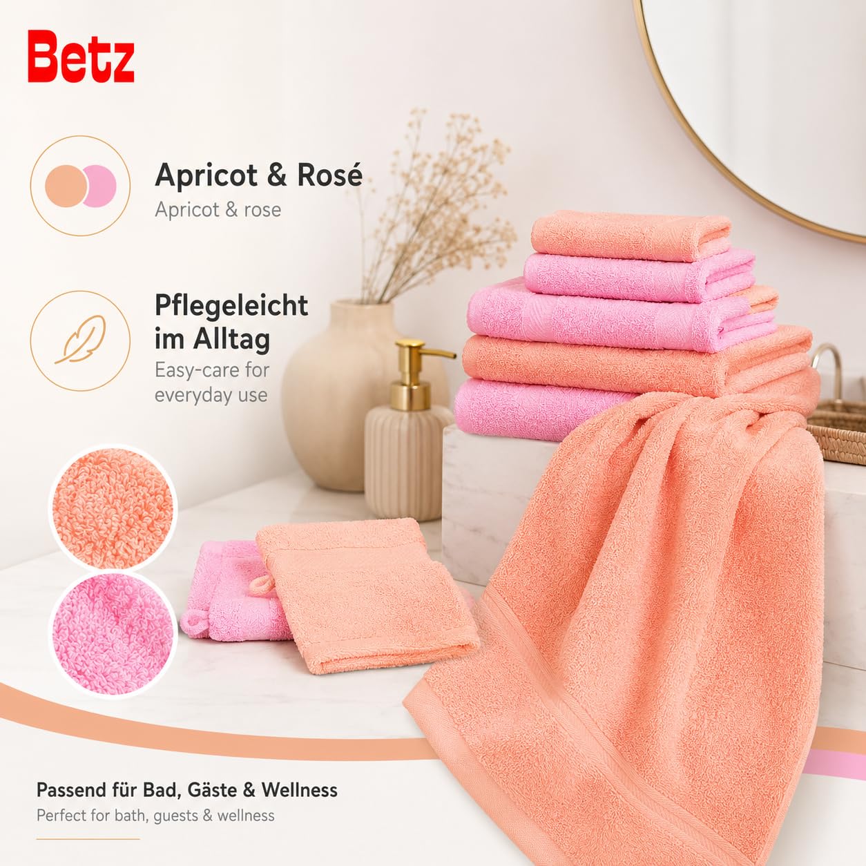 Betz Lot de 12 pièces 100% Coton Palermo 2 draps de Bain 4 Serviettes de Toilette 2 d'invités 2 lavettes 2 Gants de Toilette Couleur Abricot et Rose