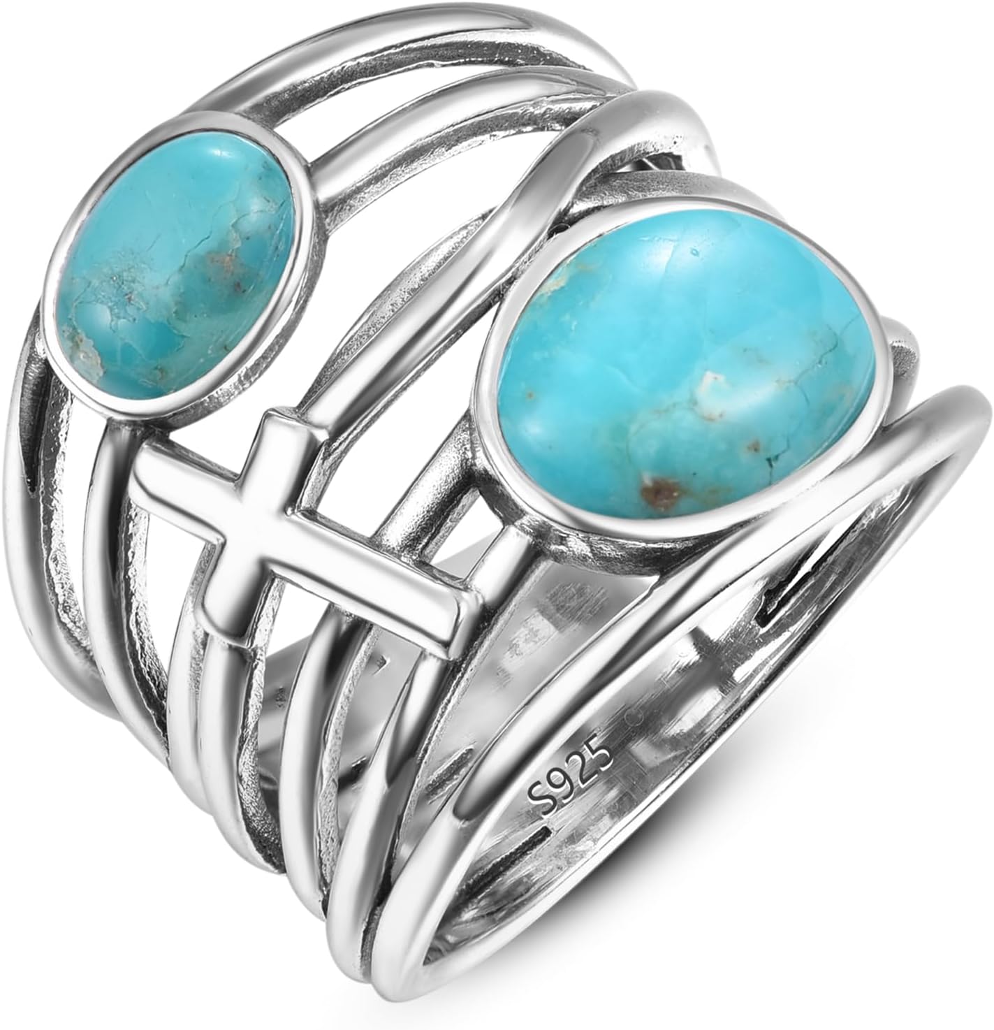 Turquoise Rings for Women, Silver Turquoise Engagement Ring with Cross, Handmade Statement Band Jewelry Gift, Size 6-9 - Image 8