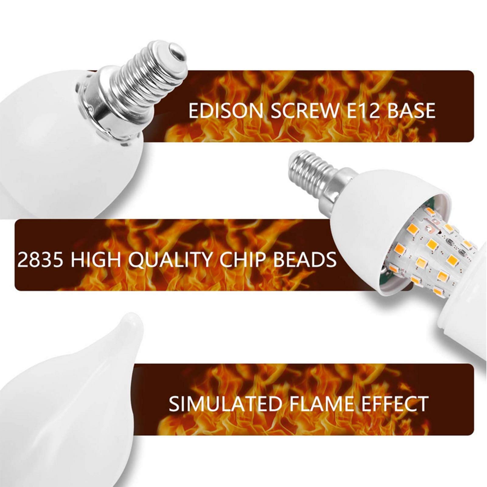 Bombilla LED llamas simuladas, 3 modos, bombillas llama parpadeante, bombillas LED E12 lámpara araña, bombilla parpadeante decoración interior/exterior, con sensor gravedad
