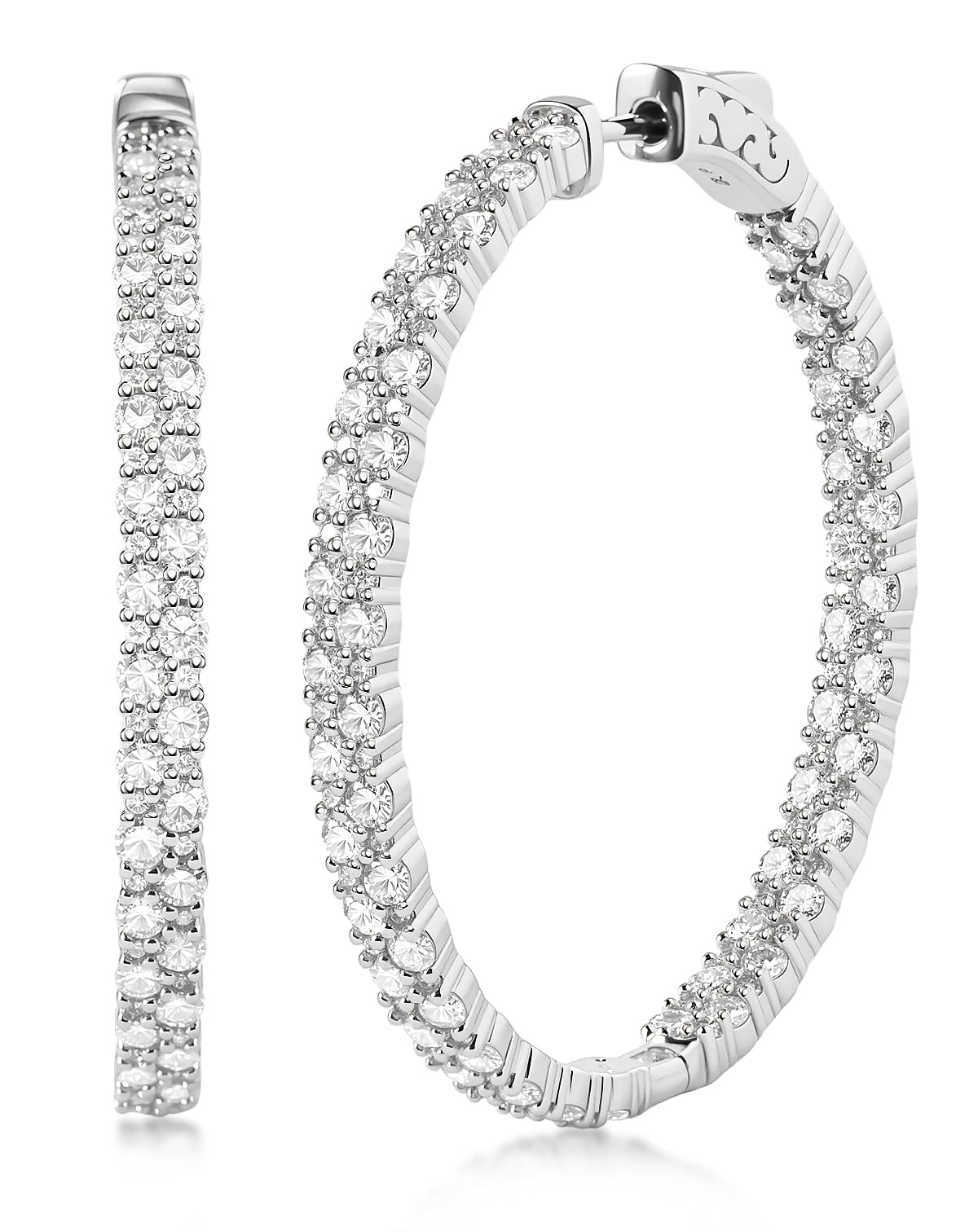 RINEY KY 40MM Moissanite Hoop Earrings for Women 18K White Gold Plated Large Diamond Hoops Round Inside-out 2Rows