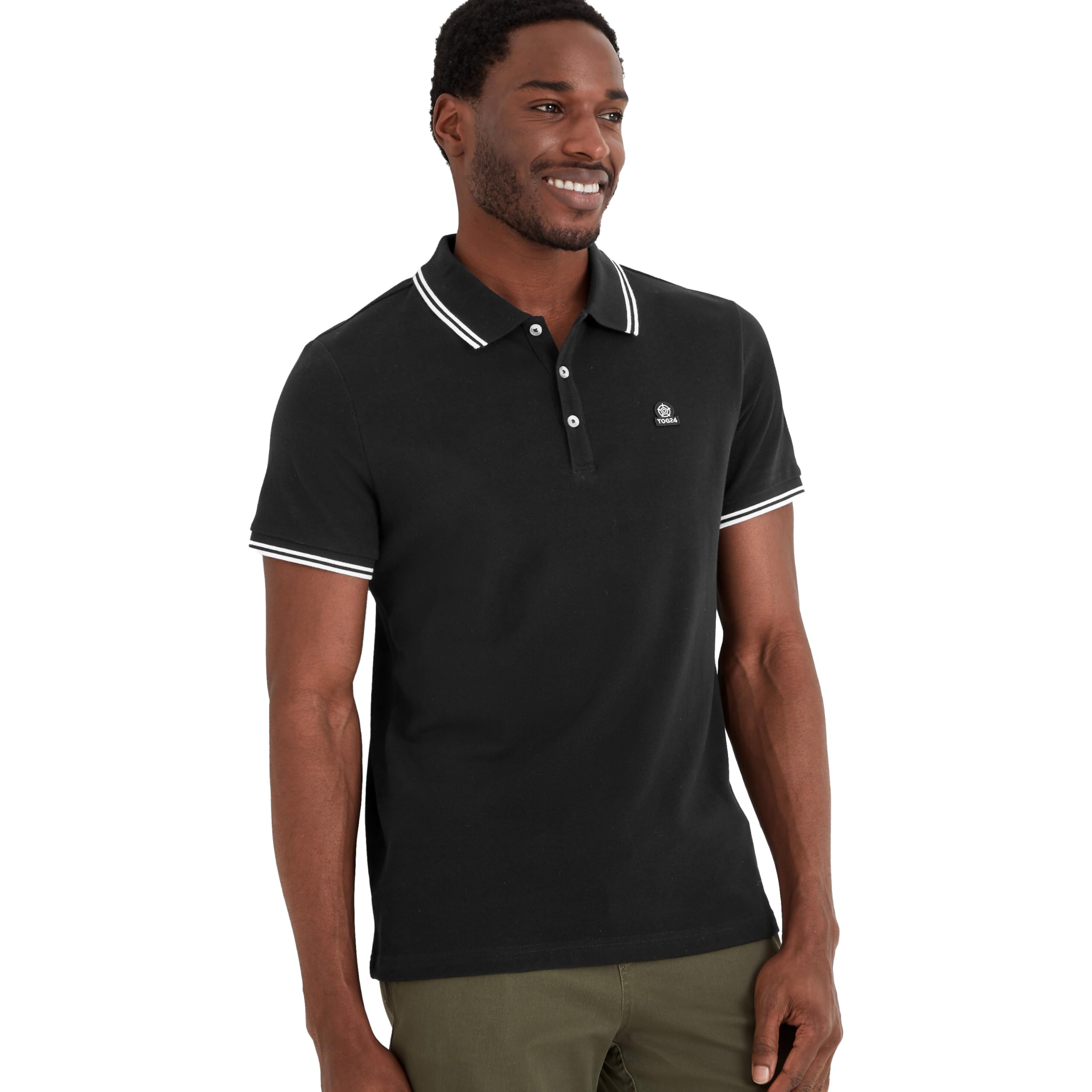 Tog24 Men's Black Biston Polo Shirt, Short Sleeves Cotton Pique Polo, Branded Buttons