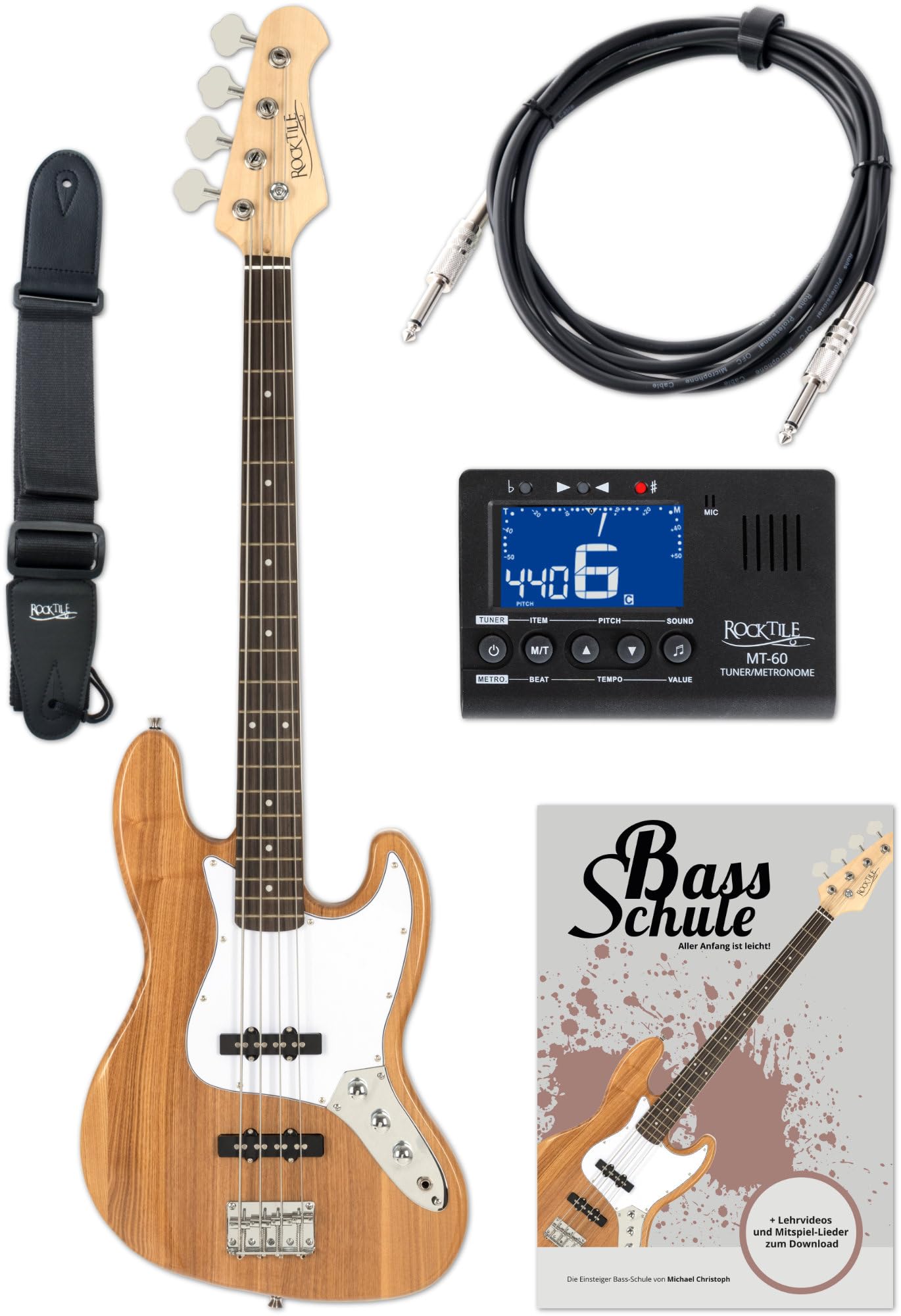 Rocktile Pro JB-30PR Ashwood E-Bass Natur Set, Basso, Jazz-Style E-Bass | 2 Single-Coil Pickup, 2 controlli volume/ 1 controllo tono, Tastiera: Engineered Wood, Manico: Acero, Corpo: Frassino, 5 mm