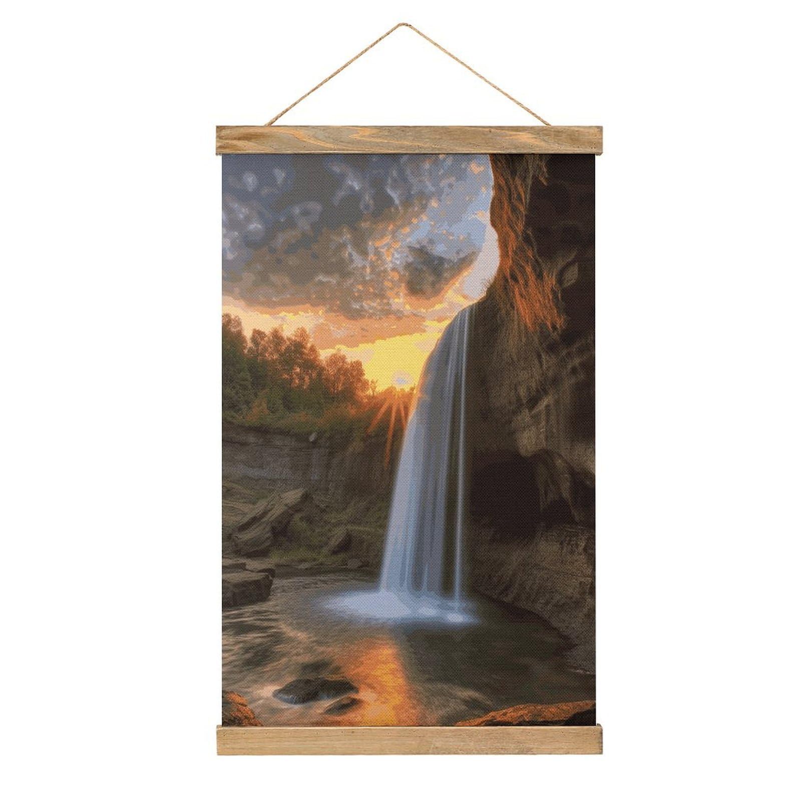 FekiLoot Waterfall at Sunset Wall Art Poster Hanger Frame Linen Wall Art Decor Vintage Hanging Poster Hanging Wall Decor Rustic Retro Wall Art Print for Living Room Decor 20.4 X 13.1Inches