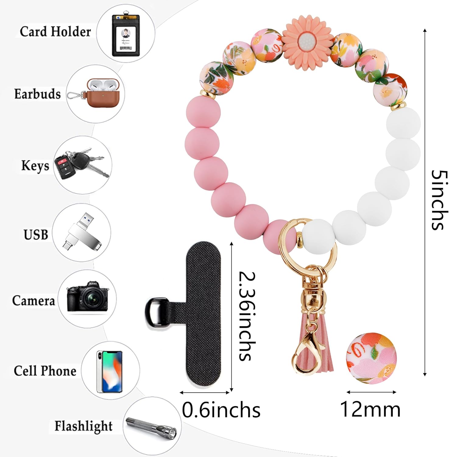 Silicone Beaded Phone Wrist Strap, Phone Bracelet Wristlet with Tether Tab, Hands-Free Wristlet for iPhone (Pink Daisy) - Image 5