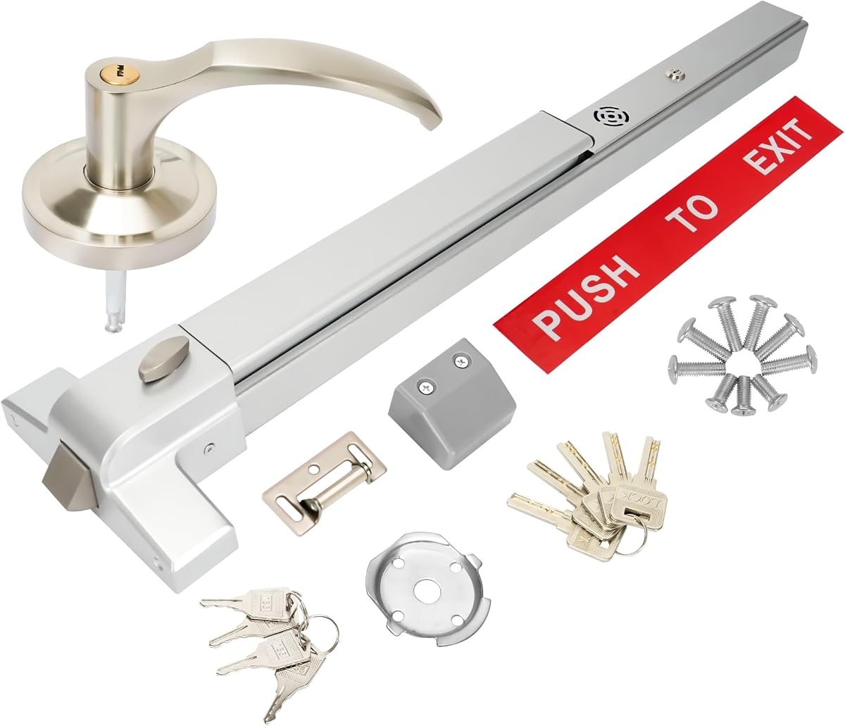 Push Bar Panic Exit Device with Exterior Lever Handle，with Alarm | 27.5”Panic Bars for Exit Doors, Fits 28"-36" Wood Metal Doors,Painted Aluminum