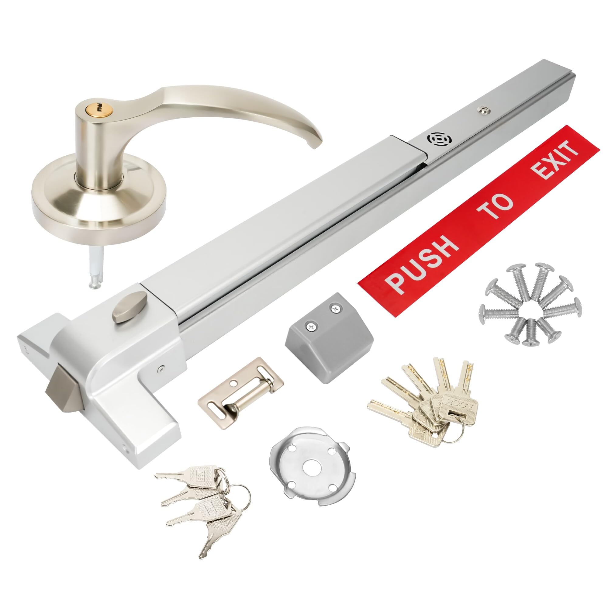 Suermany Silver Commercial Door Push Bar Panic Exit Device With Exterior Lever With Alarm, 27.5” Stainless Steel Panic Bars For Exit Doors, Panic Bar Emergency Door Hardware For Wood Metal Doors