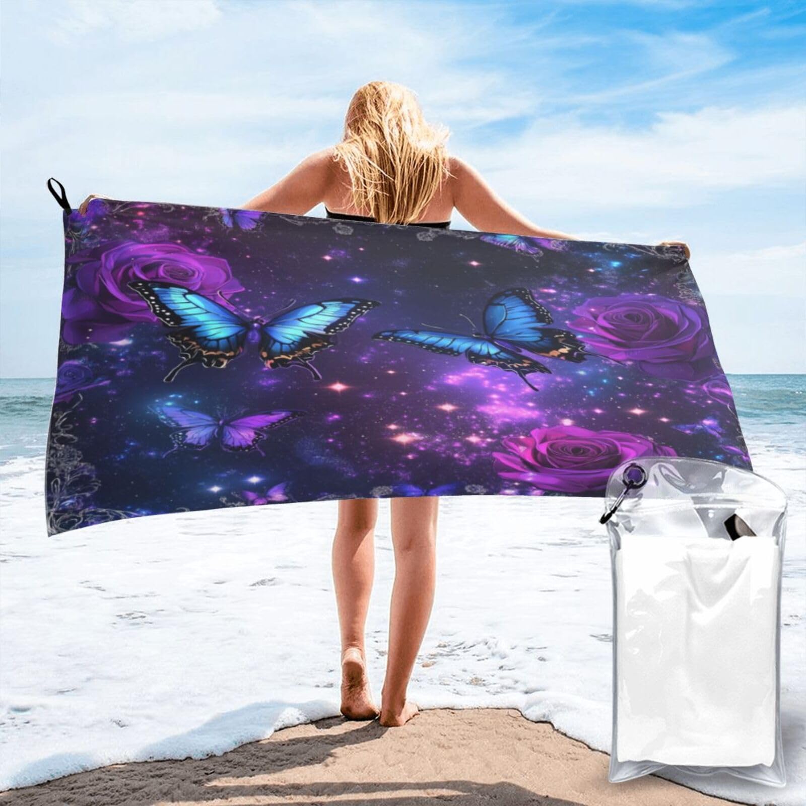 Anceky Magical Butterflies Among Vibrant Roses Galaxy Background Quick Dry Microfiber Travel Towel with Carry Case and Carabiner 27.5"X55"