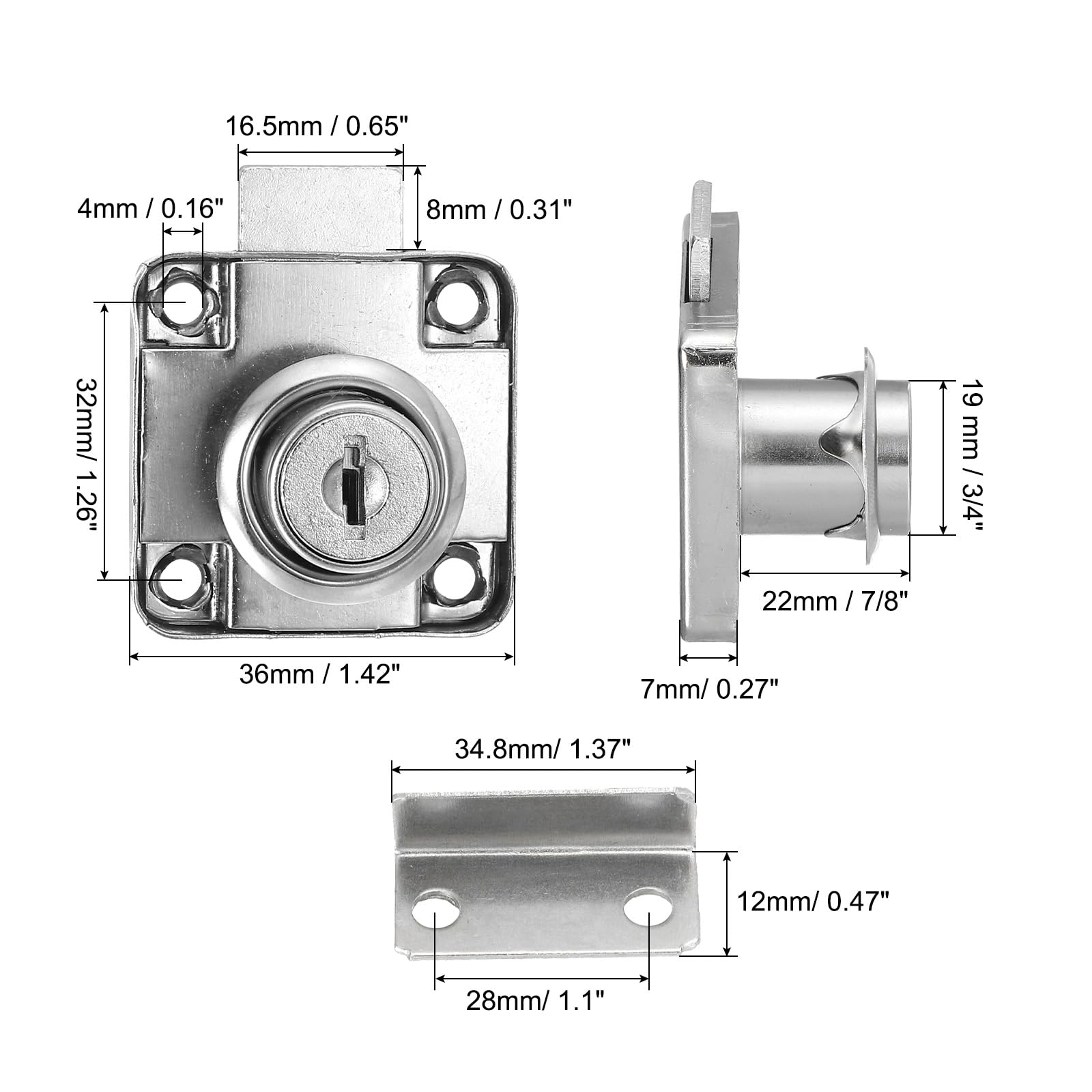 PATIKIL Drawer Lock with Keys 2Pcs Desktop Lock 7/8"(22mm) Cylinder Length 3/4"(19 mm) Cylinder Dia Alloy Steel Mailbox Locks Keys Alike for File Drawer Storage Lock Silver - Image 2
