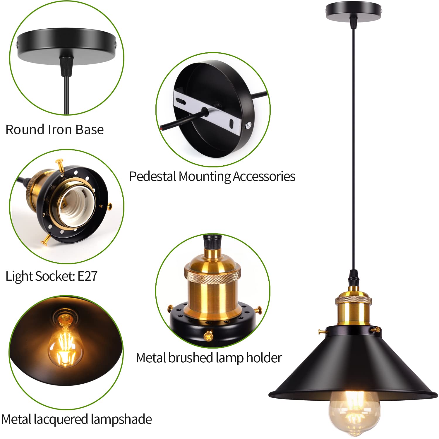 2 Stuks Hanglamp Industriële E27 Kroonluchter Slaapkamer 22cm Plafondlamp Voor Woonkamer Zwart