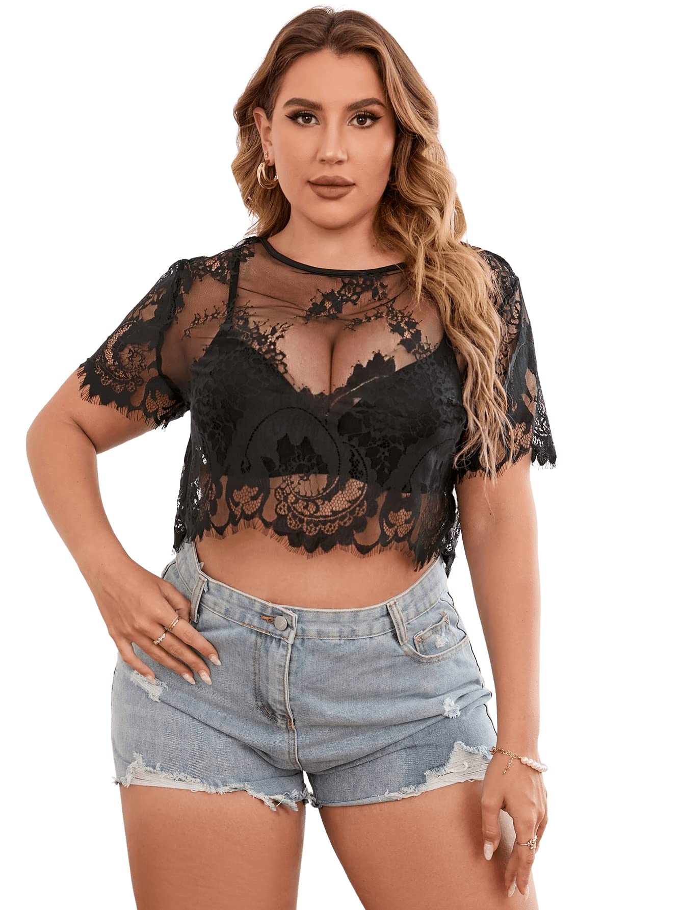 Floerns Women's Plus Size Sheer Mesh Short Sleeve Crop Top T Shirt Without Bra - 4X-Large Plus - Black