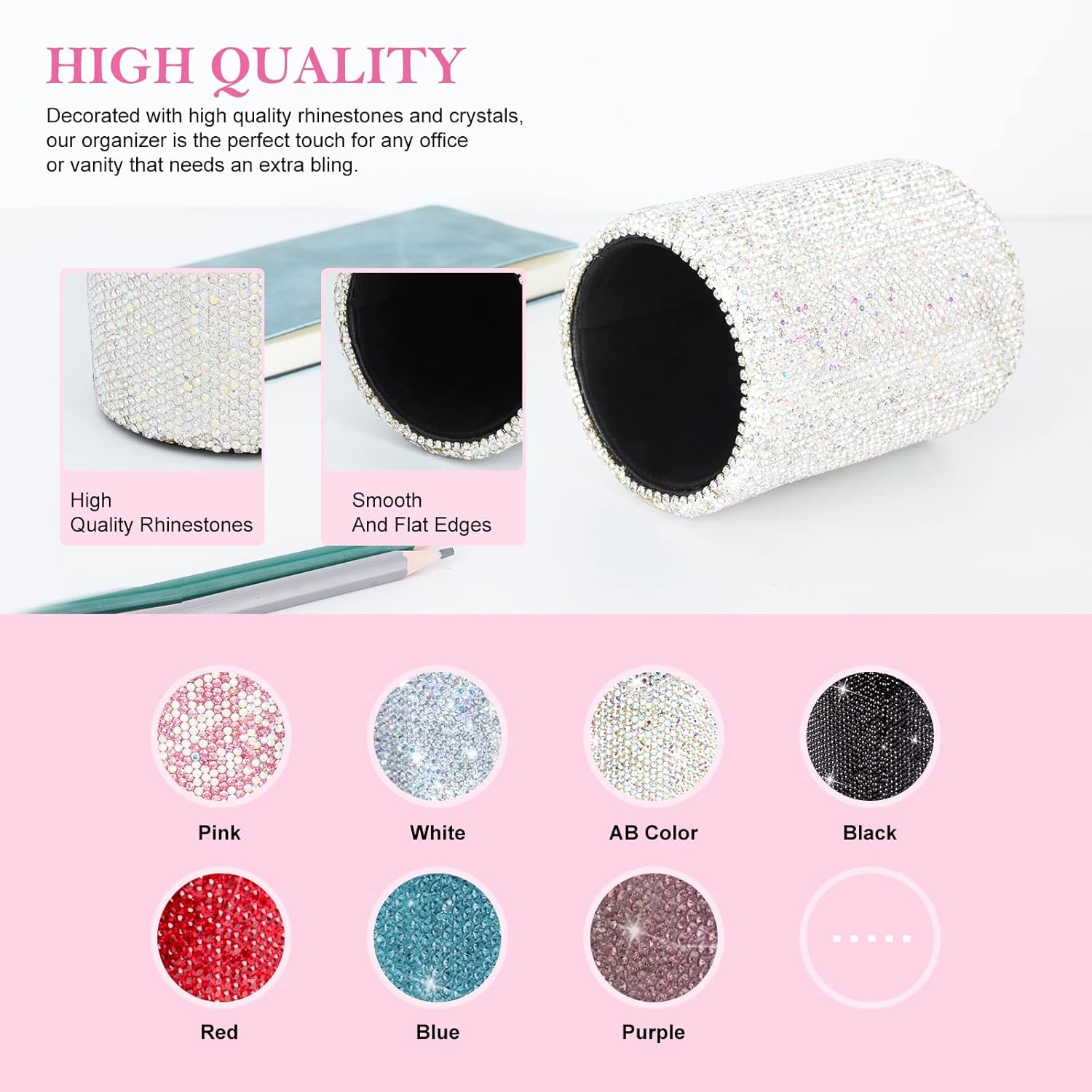 Crystal Pencil Pen Pot Holder Box Bling Rhinestone Pen Organizer Holder Cosmetic Pencil Container Comb Brushes Personalized (Round)