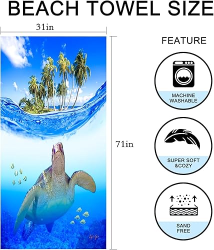 Miniatura 2 de Toalla de playa de microfibra sin arena, de gran tamaño, de secado rápido, ligera, 71 x 31 pulgadas, para viajes, piscina, campamento, baño, tortuga