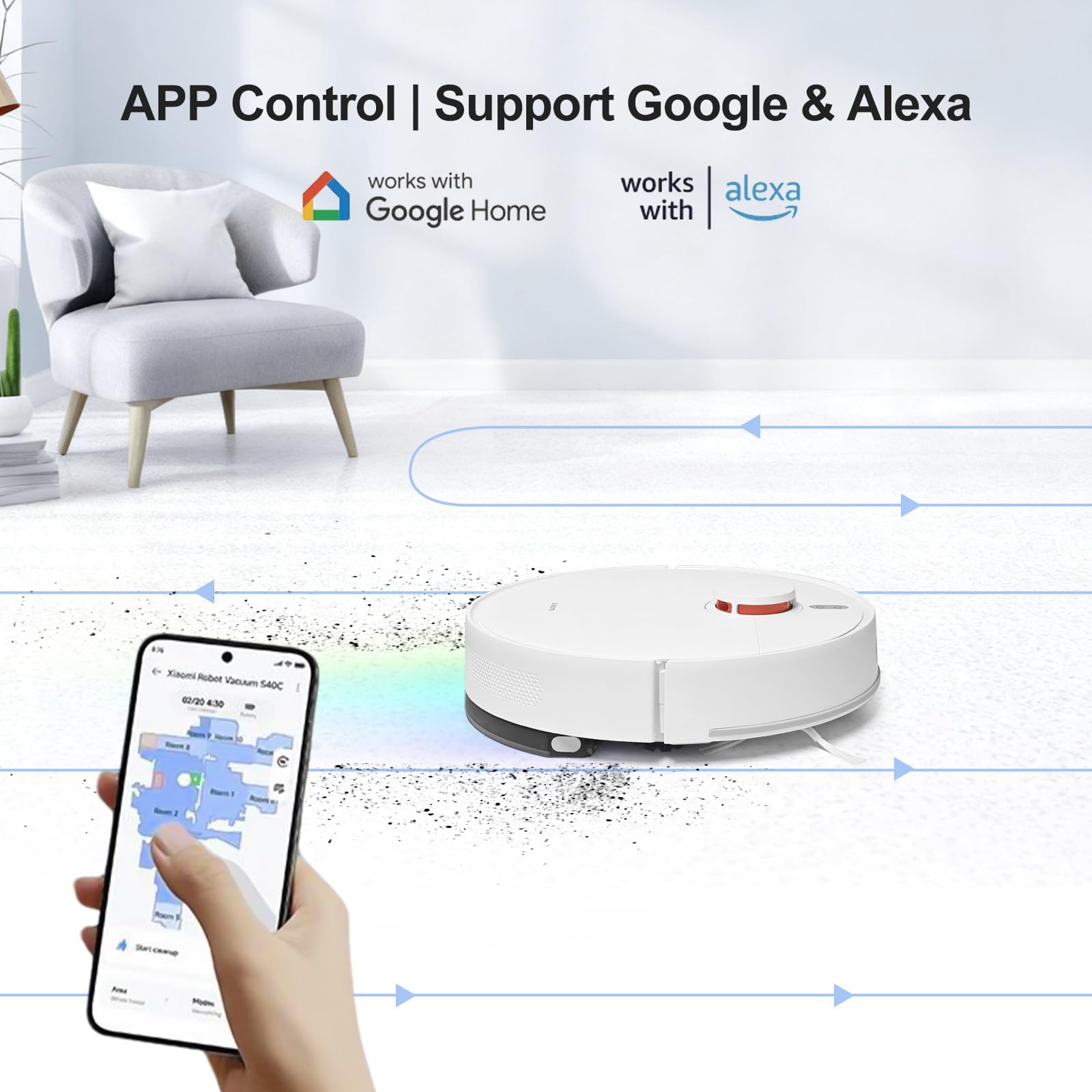 XIAOMI Robot Aspirador S40C con Navegación Láser LDS, Aspirador 5000Pa Succión, 4 Modos de Limpieza, Control por App y Voz, Robot Vacuum para Limpiar Pelo de Mascotas, alfombras y Suelos Duros
