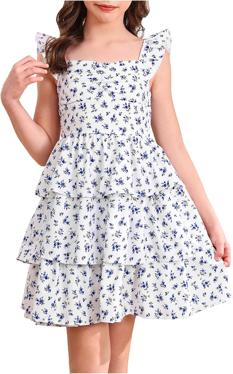 Verdusa Girl's Boho Floral Tiered Layered Dresses Ruffle Cap Sleeve Summer Vacation Flowy Dress