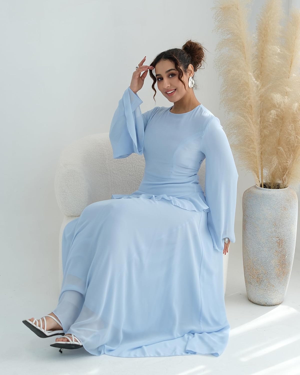 Women Modest Maxi Dress, Long Sleeve Chiffon Abaya with Waist Ruffle Formal Islamic Evening Gown for Wedding Eid