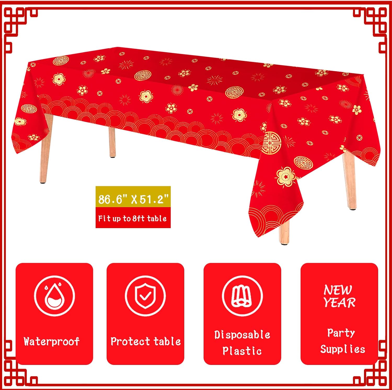 HOWAF 3 Pack Chinese New Year Table Cover, 2026 New Years Eve Red Gold Tablecloth, Lunar News Year Tablecover for Spring Festival, Disposable Plastic Table Cover for Year of The Horse Party Supplies
