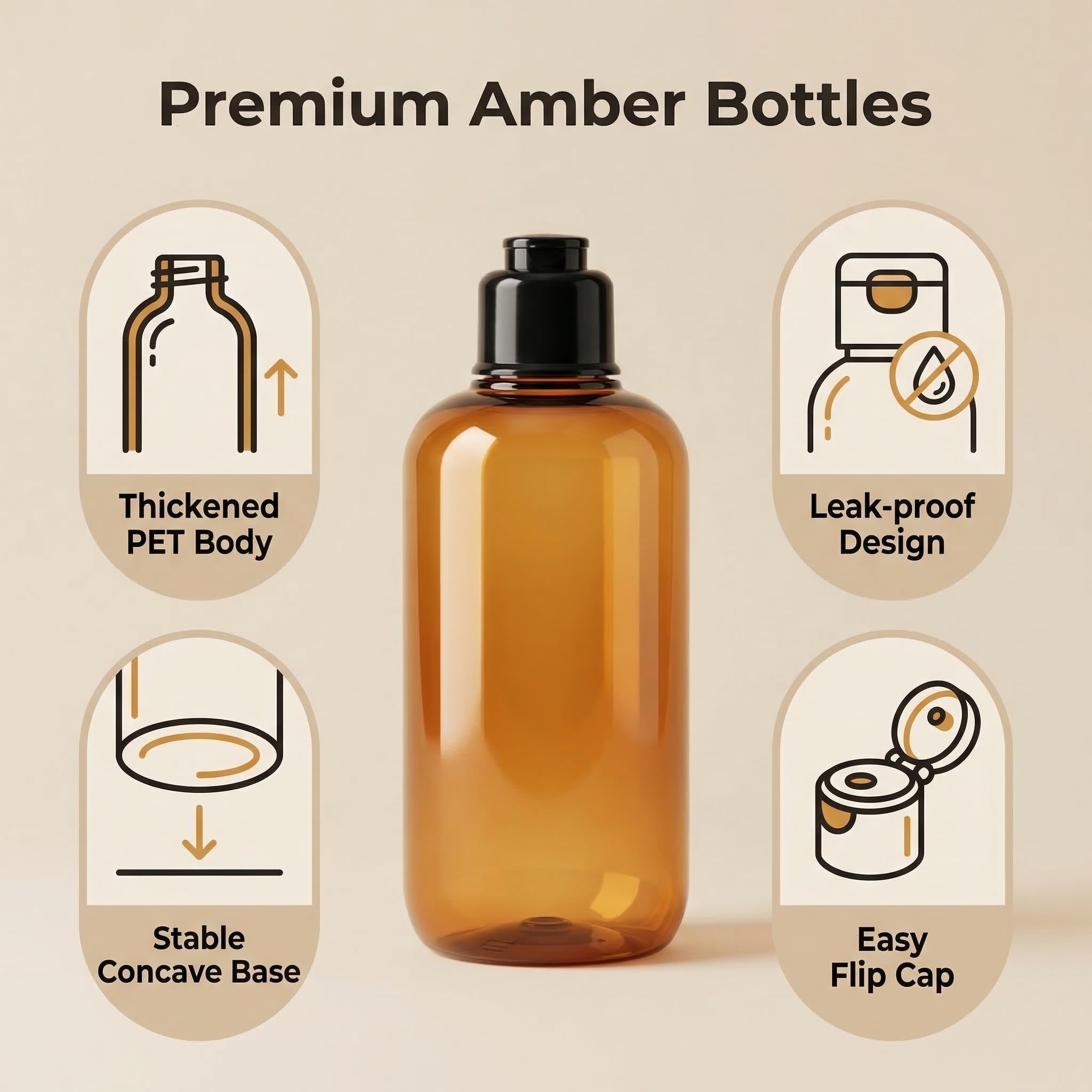 VASANA 200 ml di ricarica vuota in plastica da spremere con tappo nero per trucco, oli essenziali, shampoo, gel doccia liquido per il corpo e sapone fai da te, confezione da 2 (ambra) 300ml Ambra